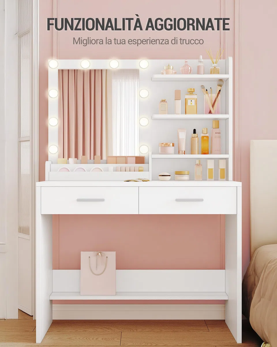 Hzuaneri 90 cm Toeletta da Trucco con Illuminazione a LED, Toeletta da Trucco con specchio, 3 livelli di luminosità, 2 cassetti, 4 ripiani aperti e 2 scomparti, moderna, Bianca DT42703XEU