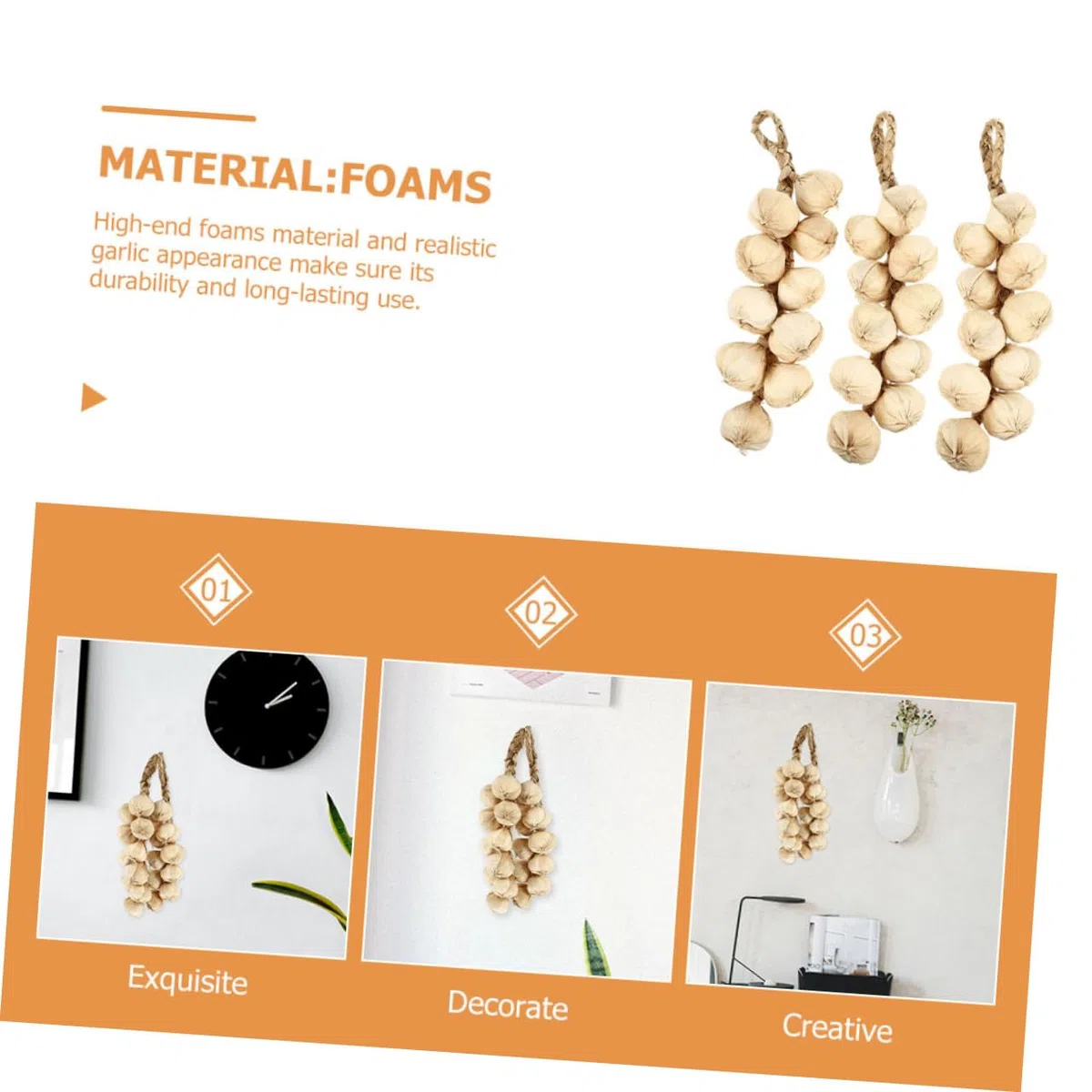 3 Pezzi Finta Treccia Aglio Artificiale Realistica in Decorazione per Cucina e Casa Accessorio Fotografico e Educativo