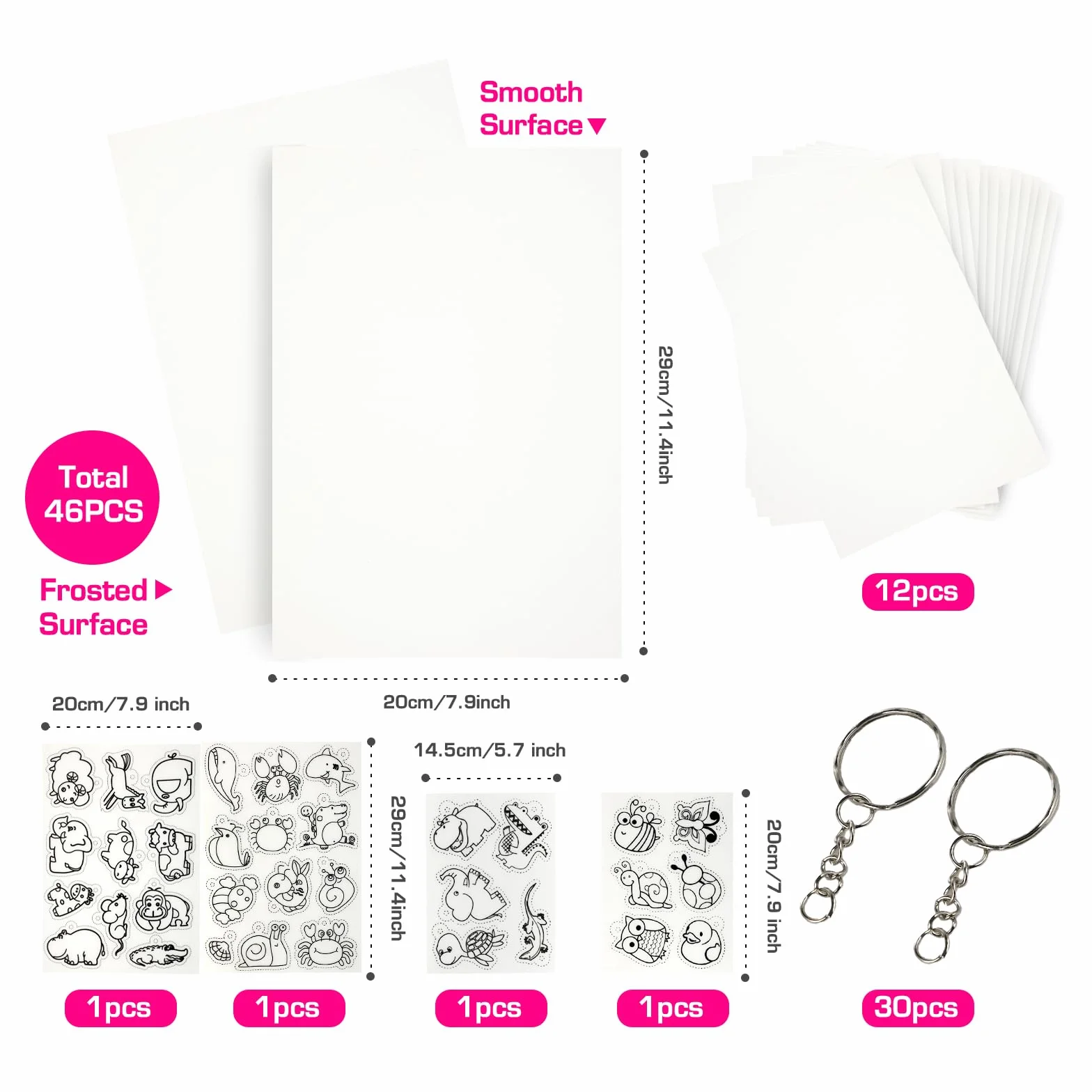 SZEBISOA 46 Pezzi Plastica Termoretraibile Kit (12 fogli plastica termoretraibile A4, 2 A4 e 2 A5 con motivi, 30 anelli portachiavi) Shrink Plastic set creativo fai da te.