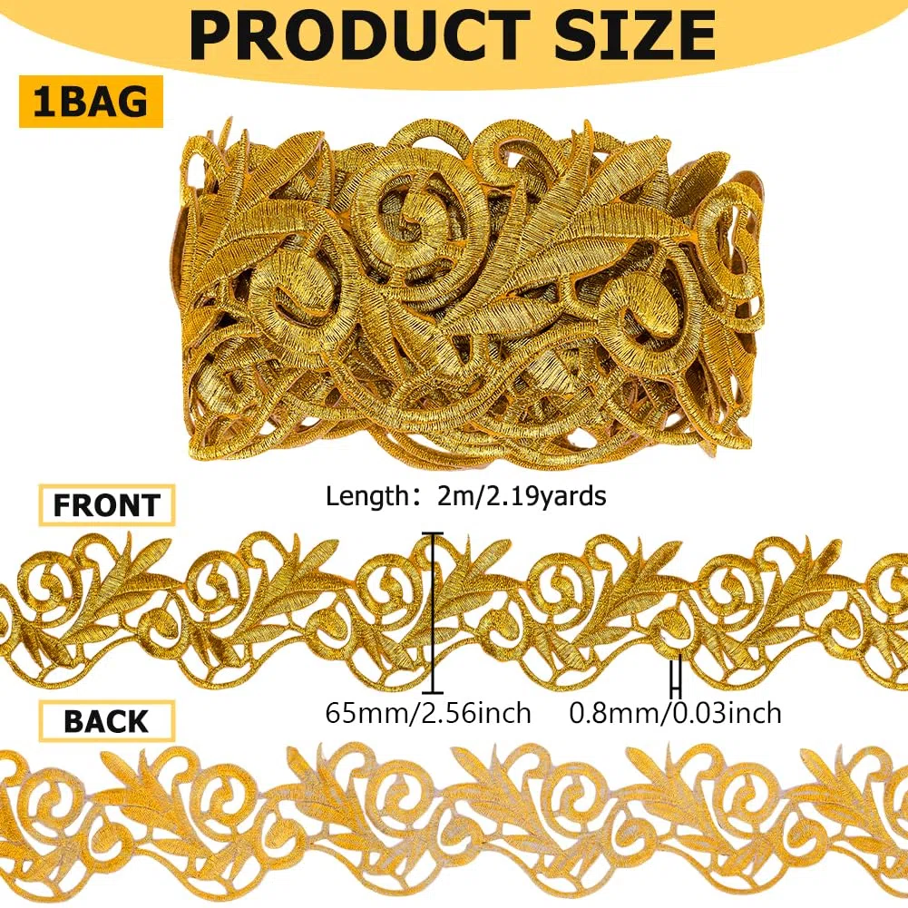 FINGERINSPIRE 2.2 Yards Trim Metallico per Sposa Oro Adesivo Ricamo Pizzo Ricamo Poliestere Trim Pizzo Floreale Artigianale per Cucire Costumi Decorazioni per La Casa Accessori