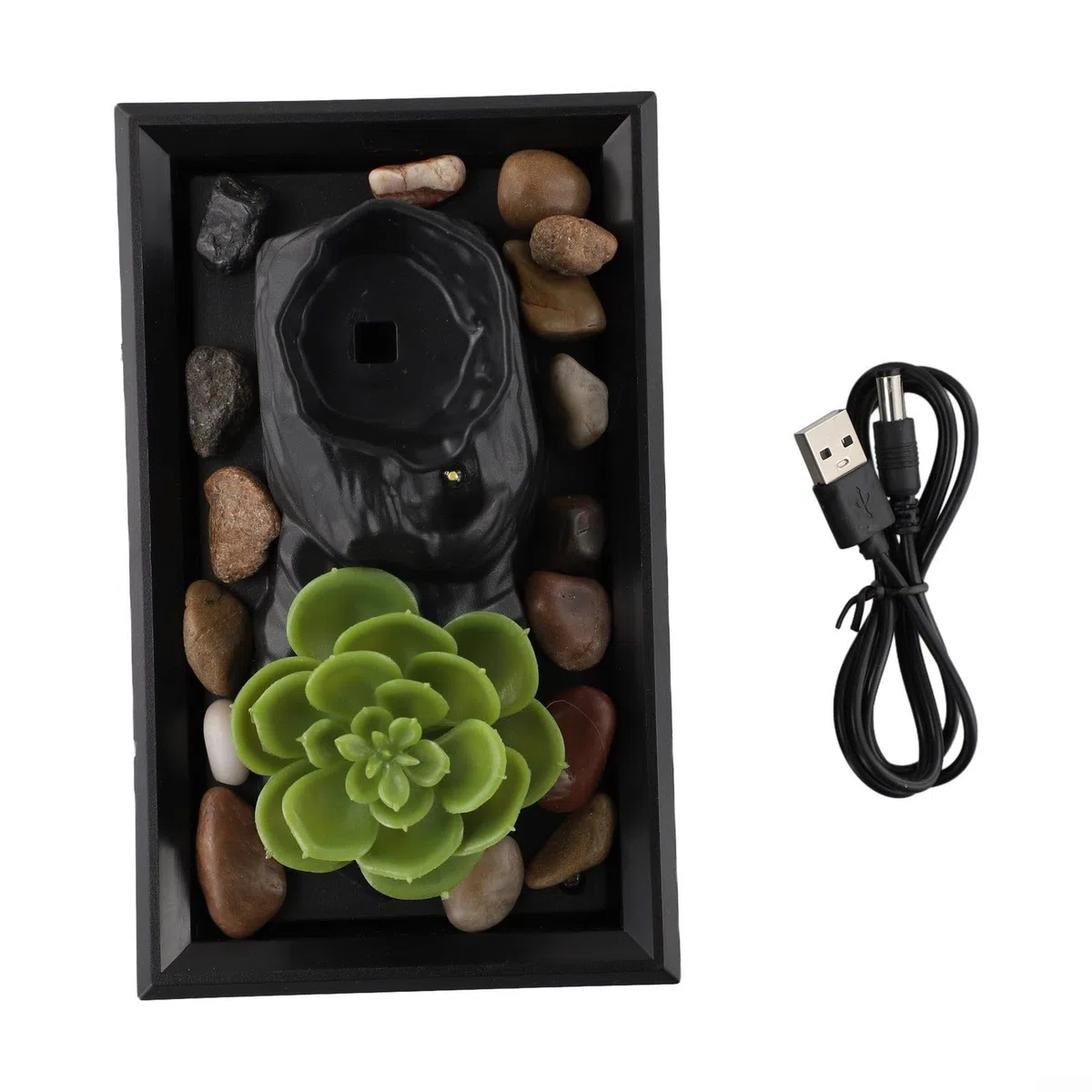 Fontana d'acqua da tavolo per interni con design creativo di acqua fluente, decorazione di ciottoli e luce LED calmante, alimentazione a batteria o USB (C)