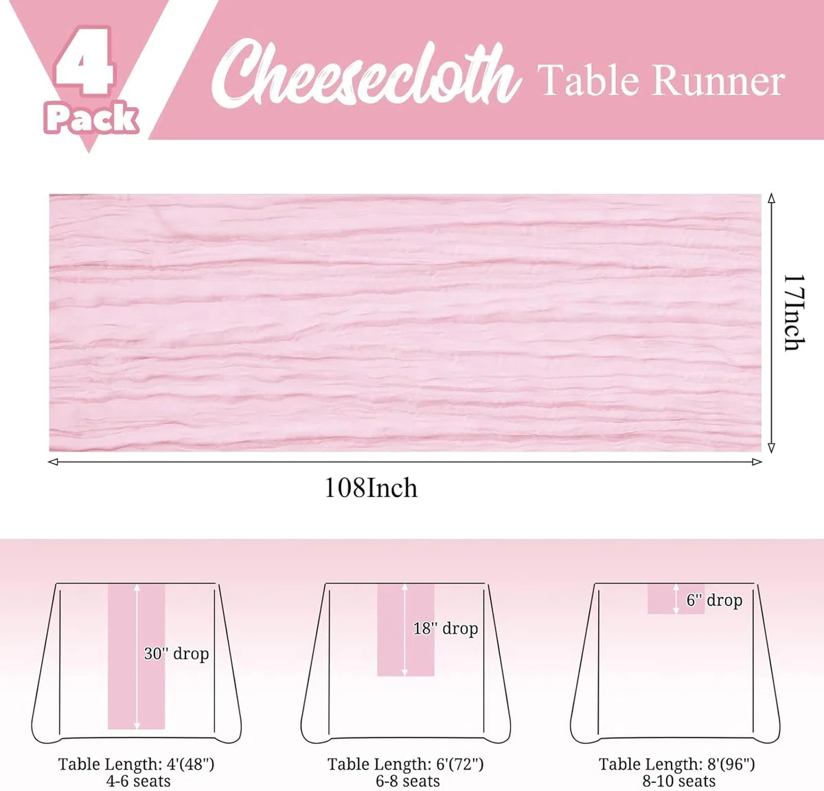 Confezione da 4 runner da tavola rosa, 45 x 275 cm, runner da tavola in garza boho, per tavolo da pranzo, runner da tavola in tessuto velato rustico per feste di matrimonio