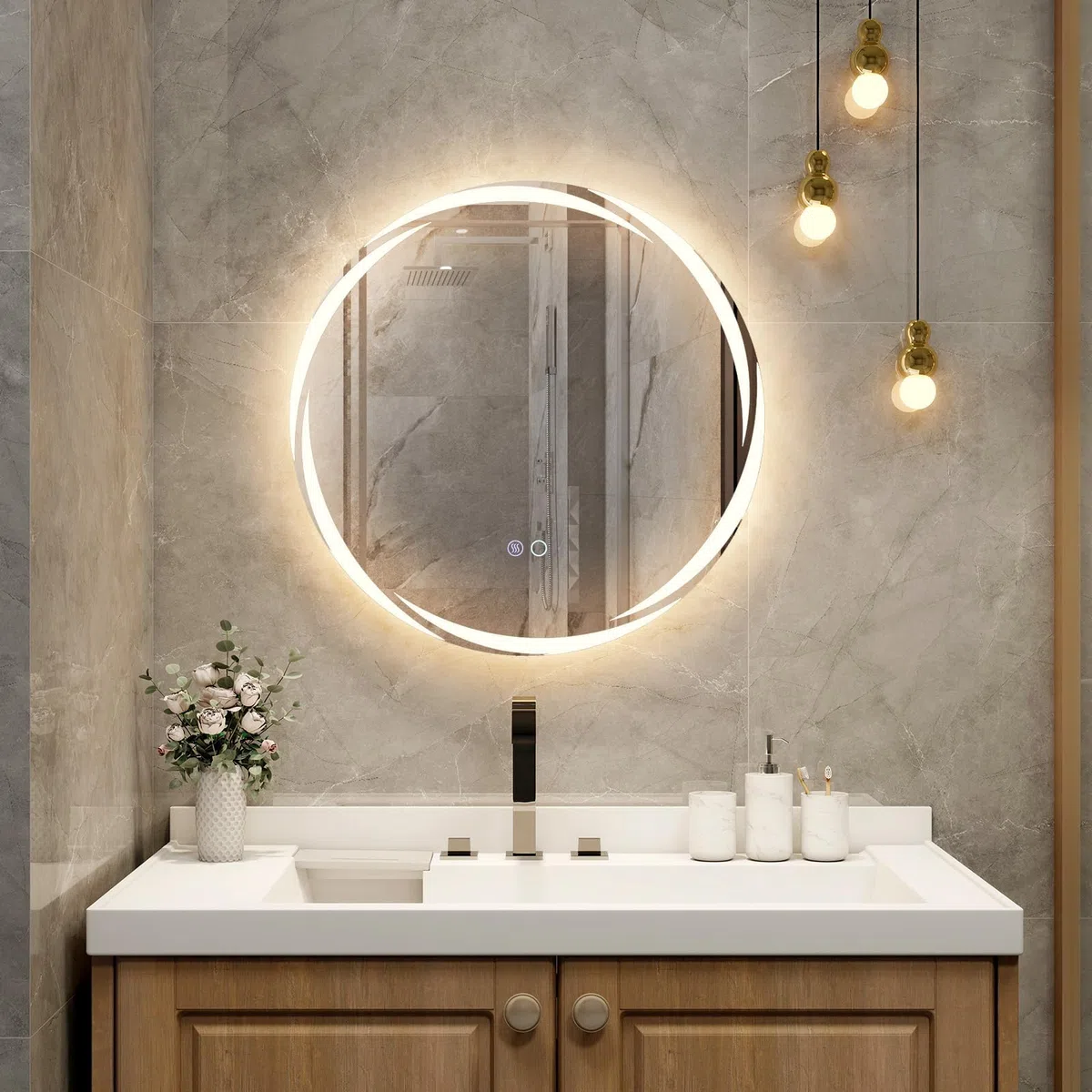 FANTASK Specchio da bagno a LED con illuminazione, 60 cm, rotondo, anti-appannamento, da parete, dimmerabile, con interruttore touch e funzione memoria, per bagno, ovale, 60 L x 60 B cm