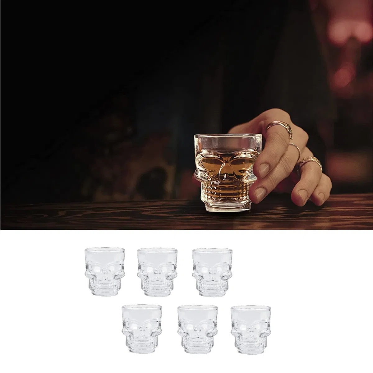 Oceano Bicchieri Teschio Vetro Birra Boccale Shot Chupito Tazza Whisky Vodka Amaro Vino Birra Rum Liquori idea regalo compleanno festa del papà halloween bar pub skull cranio (6PZ 50ML)