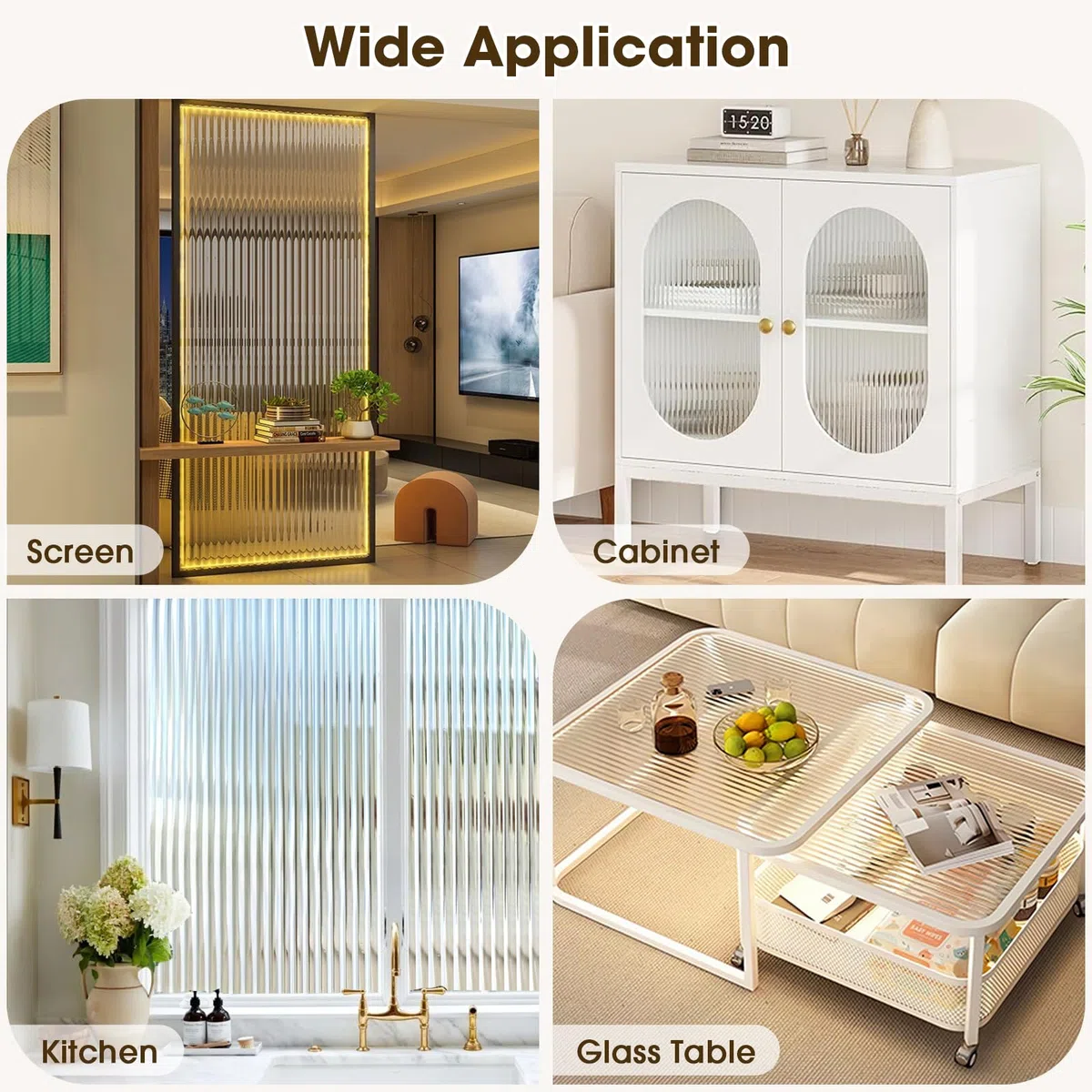 Beautysaid Reeded Pellicola per finestre in vetro smerigliato scanalato, pellicola autoadesiva in vinile, anti UV, statica, senza colla, per la privacy per casa e ufficio, 115 x 200 cm