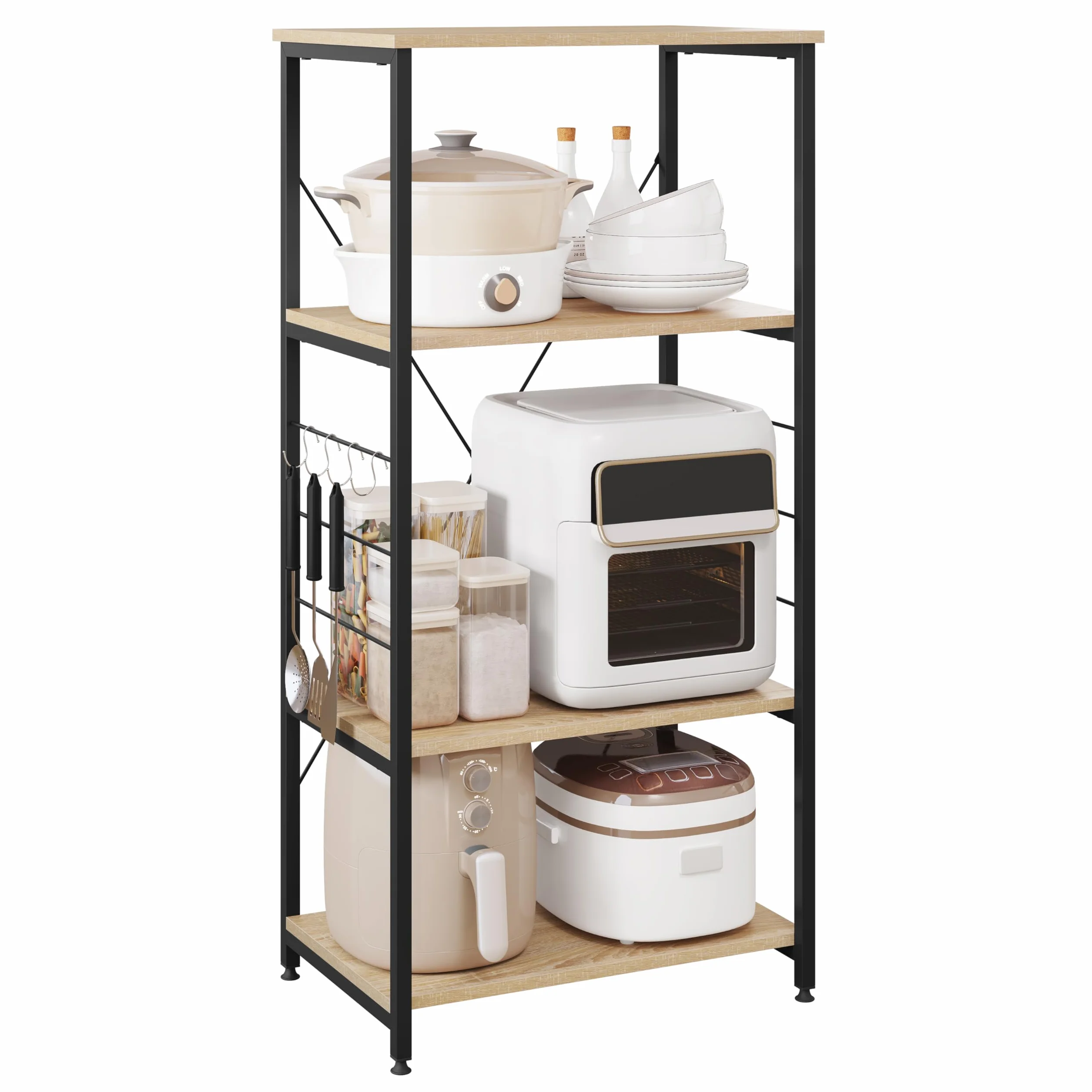 WOLTU Scaffale per Cucina Carrello Porta Microonde Forno a 4 Ripiani con Ganci in Acciaio Legno