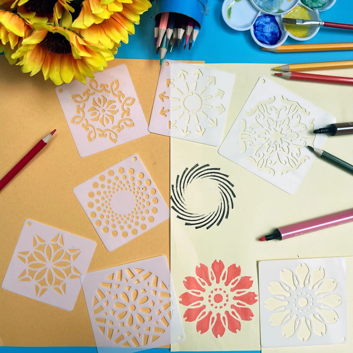 56 Pezzi Stencil Mandala per Pittura, Art Modello Piccoli da Muro da Pitturare, Geometrici Stencils Diseños Riutilizzabile per Mobili Legno Tessuti Decor, 9cm e 7,6cm