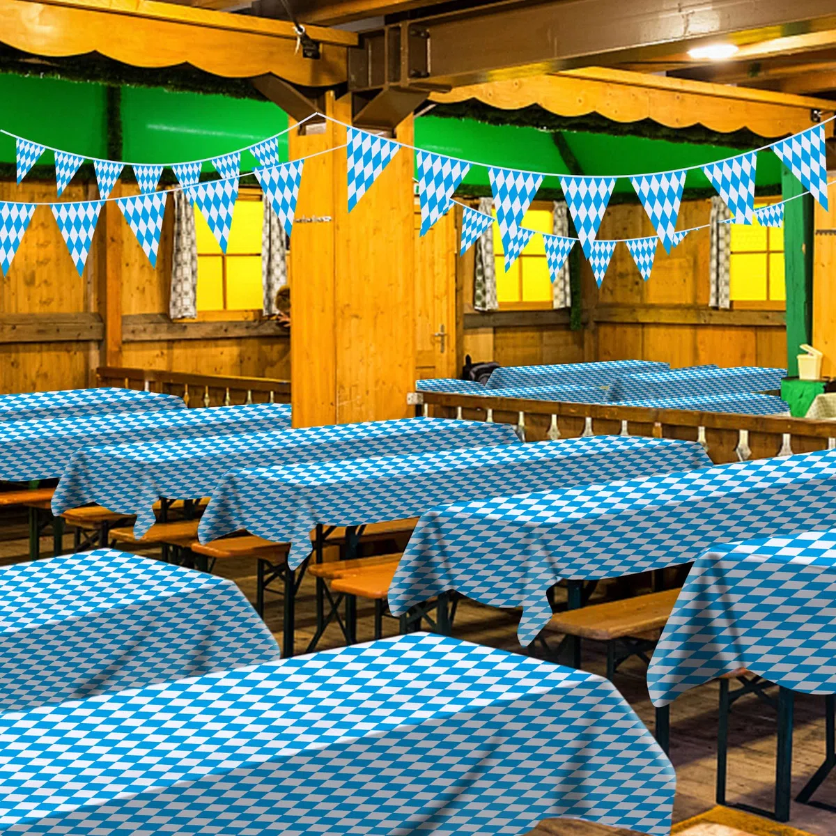 AhfuLife 4Pcs Tovaglia Oktoberfest, Decorazione da Tavola Bavarese, 137x274 cm, Griglia a Rombi Bavarese Blu e Bianca, Tovaglia Impermeabile Monouso per Oktoberfest, Feste Della Birra