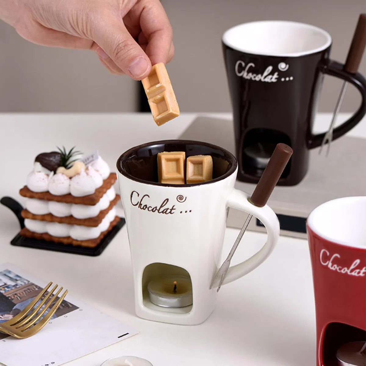 Tazza Per Fonduta Di Cioccolato | Tazza Per Sciogliere Il Burro In Ceramica | Pentola Per Sciogliere Il Cioccolato Con Forchetta | Per Snack Caramelle Caramello 200 Ml