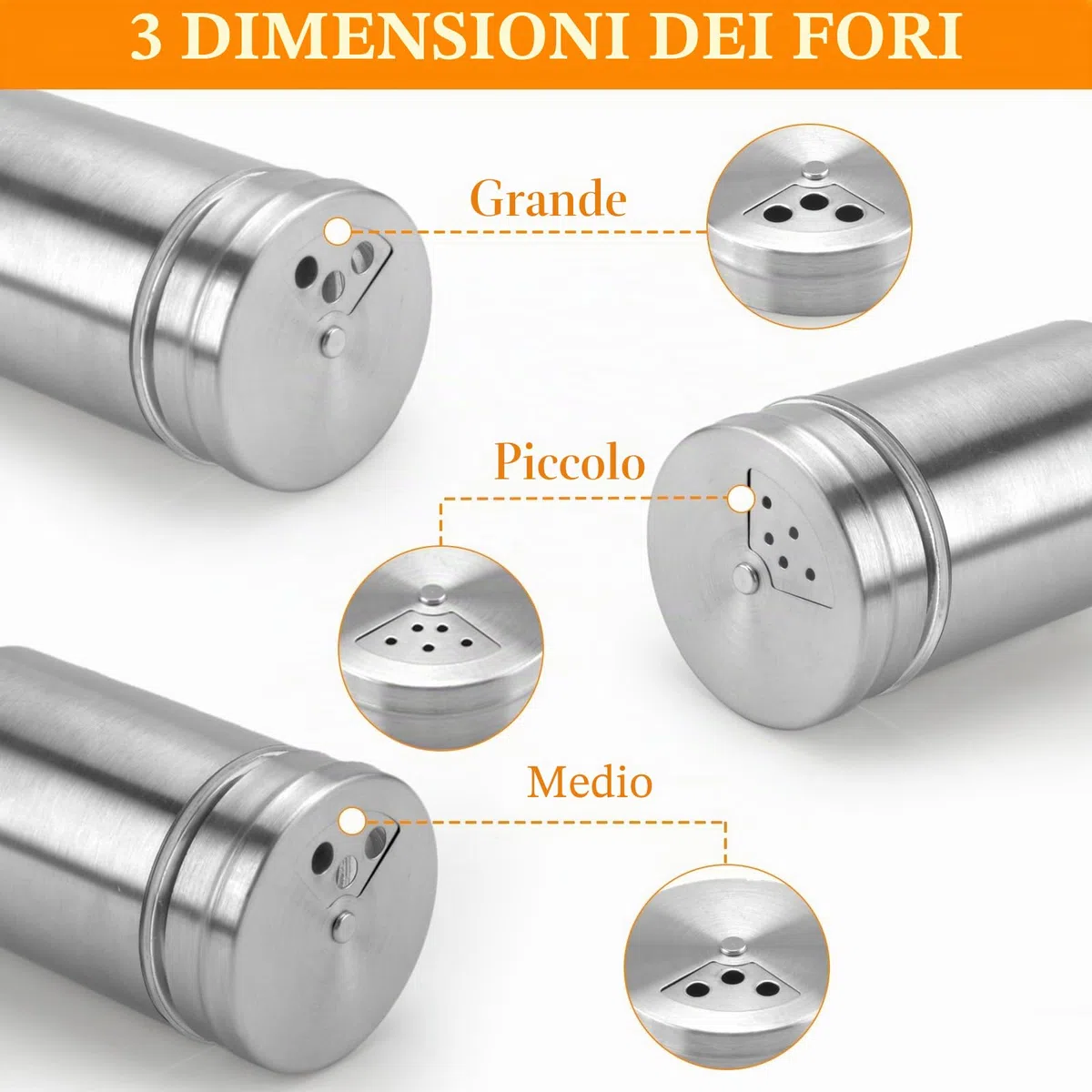 6 Barattoli per Spezie Con Inserto per Spargimento, Portaspezie in Acciaio Inox, Mini Spargitore, Contenitore e Organizzatore per Spezie