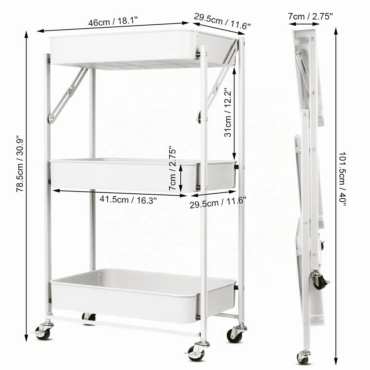 Todeco Carrello pieghevole a 3 livelli, carrello da cucina, senza assemblaggio, 46 x 29 x 78 cm, per cucina, ufficio, bagno, guardaroba, bianco