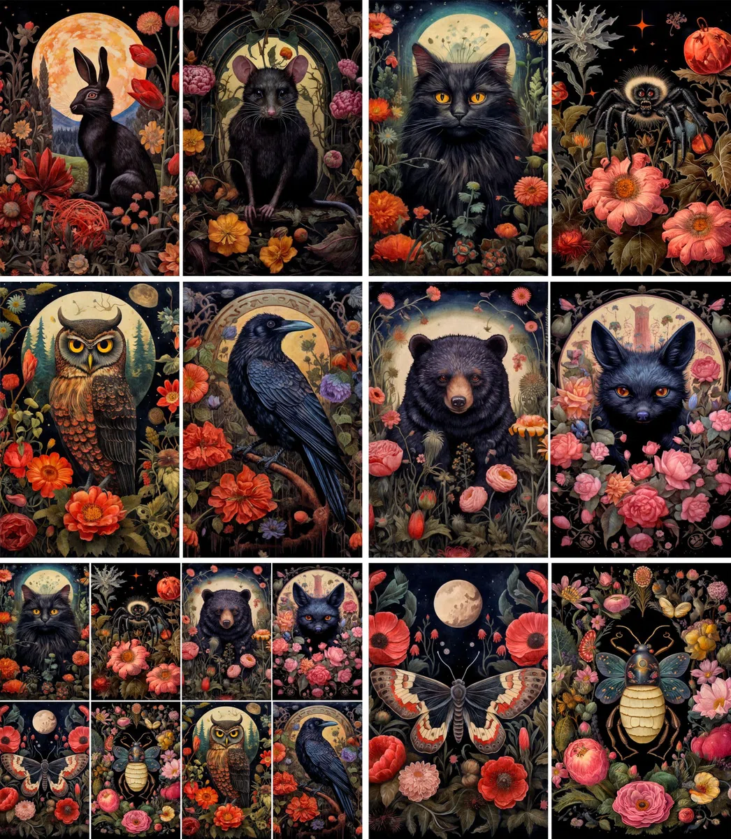 Carta di riso Animali floreali scuri, 20 x 26,6cm (6 pezzi) - 6 disegni per scrapbooking, cartoline, artigianato, decoupage da CRAFT KREATIVELY
