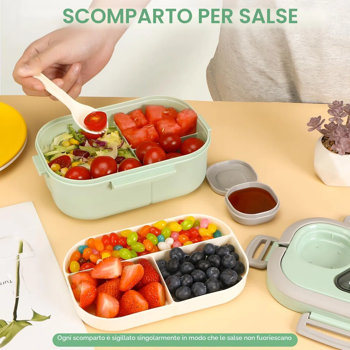 Kasanni Lunch Box con scomparti, lunch box, contenitore per pranzo e insalata, bento box con cucchiaio, snack box, pranzo, per adulti e bambini, senza BPA (Verde)