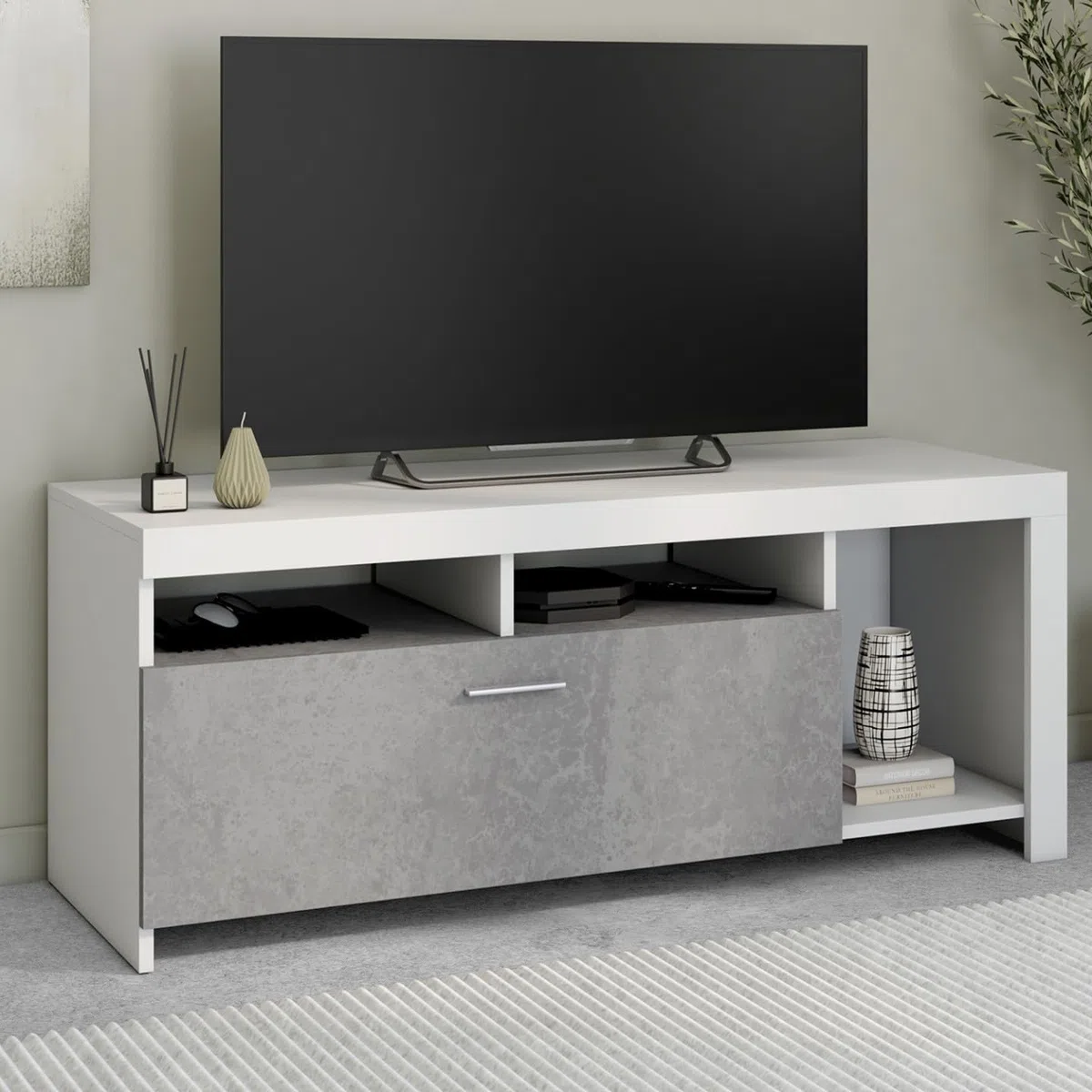 IDMarket - Mueble TV MALO blanco 110 cm y armario de hormigón