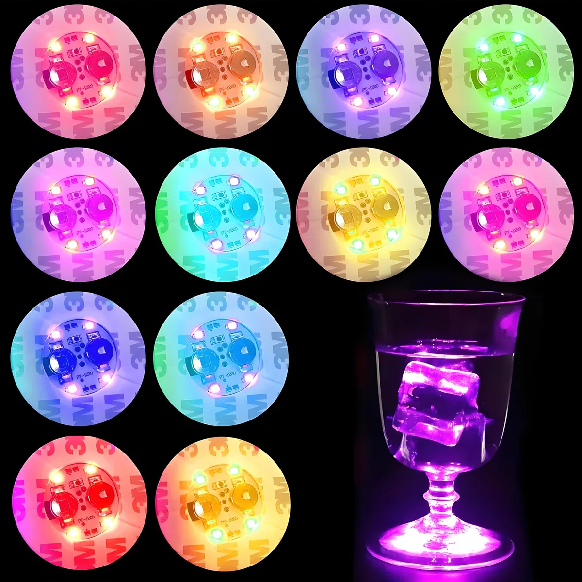 Begonia 12 sottobicchieri a LED, 8 modalità di luce, sottobicchieri a LED colorati, sottobicchieri luminosi adesivi, luci d'atmosfera, 6 cm, per feste, bar, matrimoni, Natale