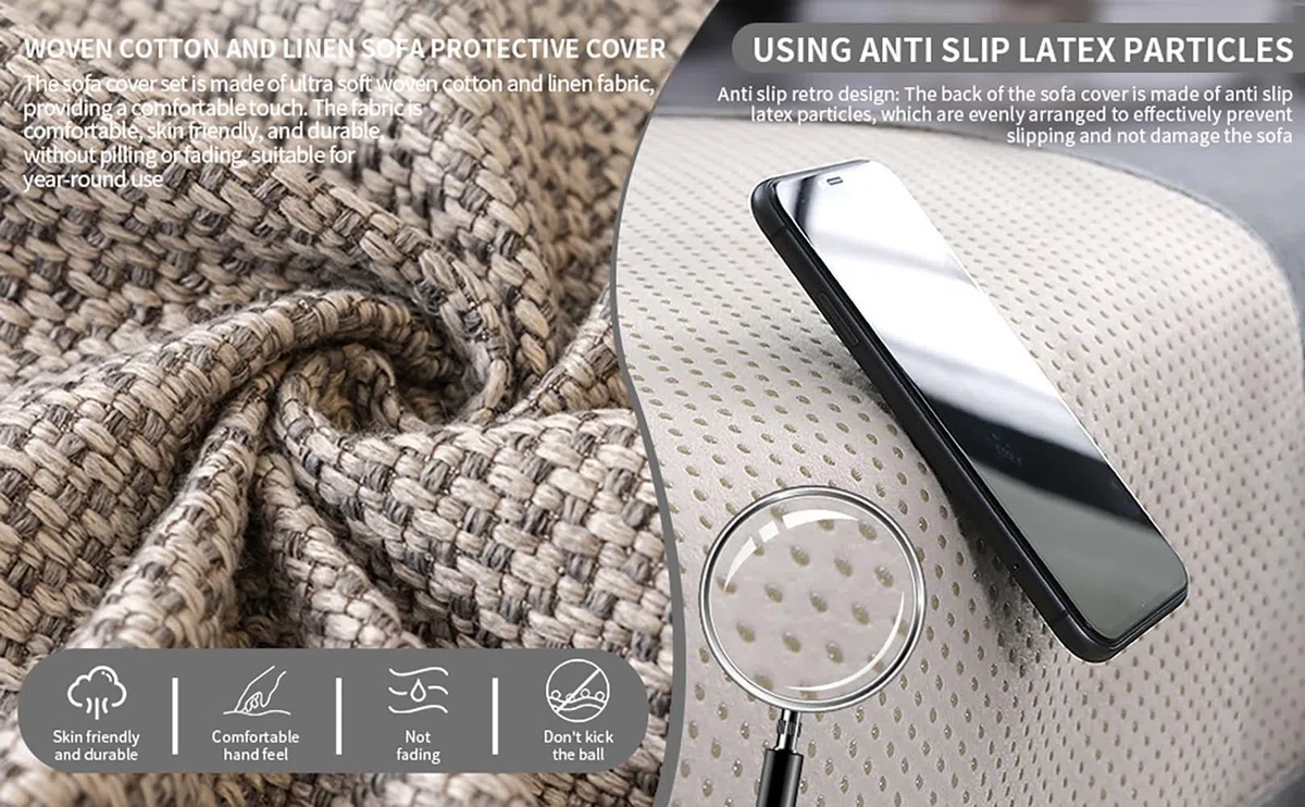 Copridivano in Morbida Cotone e Lino Lavabile, Copri Divano Antiscivolo da 1/2/3 Posti for Divani Componibili, Sofa Protezione for Mobili a Forma di L/U(Grigio Scuro,90x240cm)
