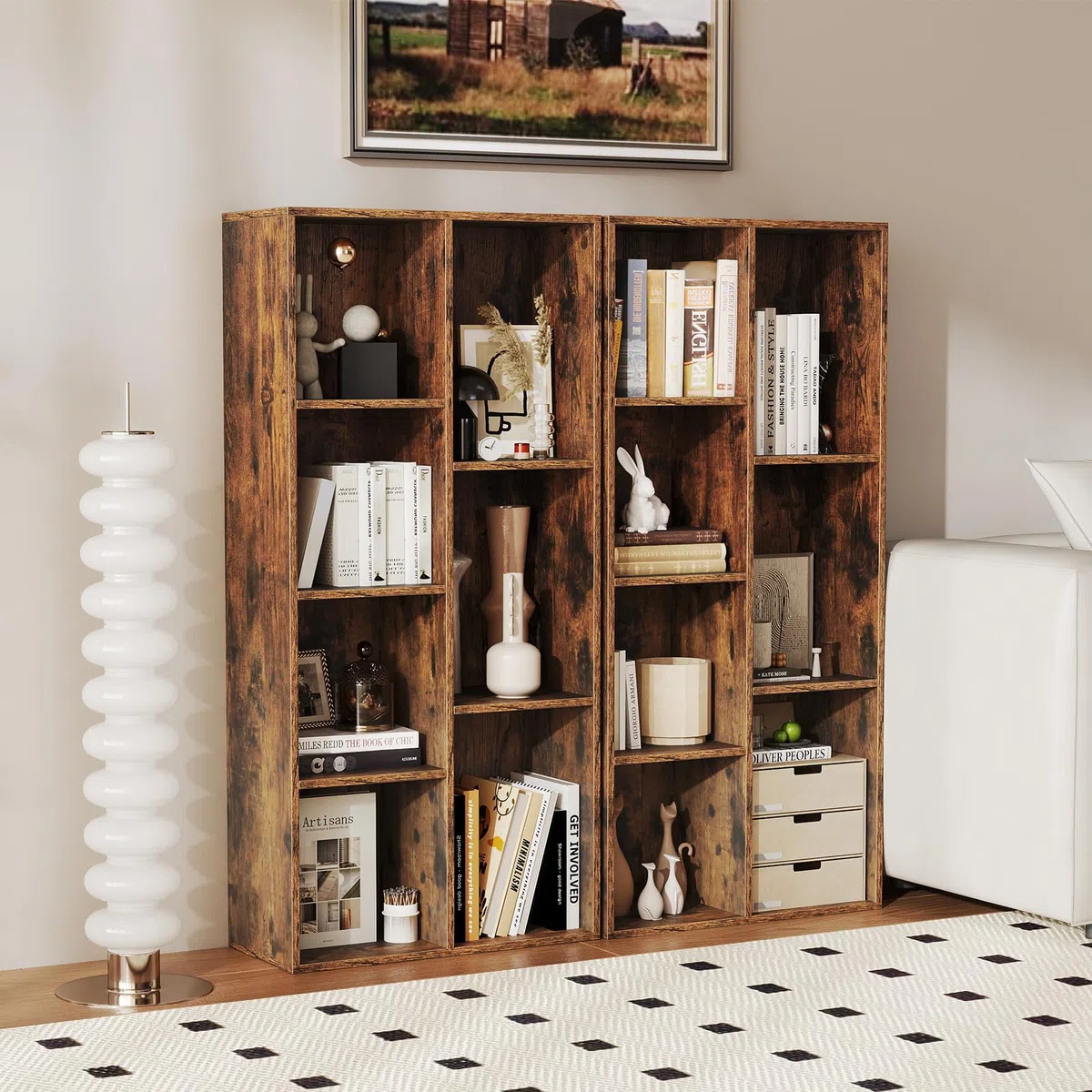 KOMFOTTEU Libreria Verticale con 8 Cubi, Mobile Contenitore in Legno, con 2 Dispositivi Antiribaltamento, Libreria Scaffale per Soggiorno, Camera da Letto, Ufficio, 49,5 x 23 x 106 cm (Marrone)