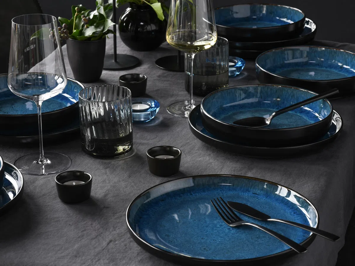 CreaTable, 21550, Serie Nordic Fjord Blue, 12-teiliges Geschirrset, Teller Set aus Steinzeug
