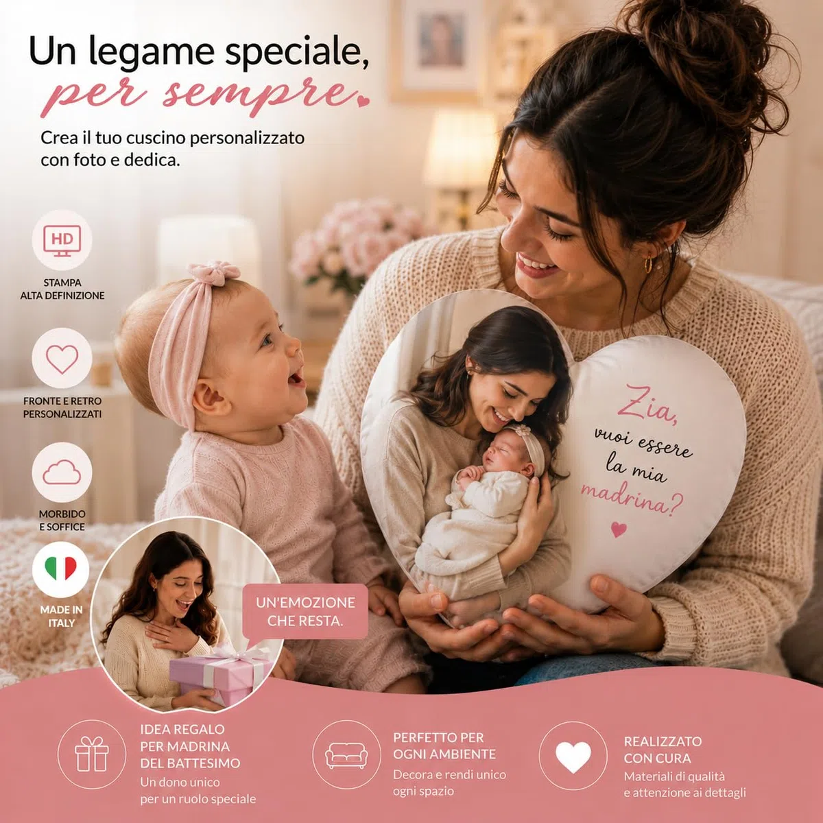SeeSee Cuscino Personalizzato con Foto e Testo a Forma di Cuore 40x40 cm con Stampa Fronte e Retro Personalizzabile e Imbottitura Inclusa - Idea Regalo Uomo e Donna Compleanno - Made in Italy