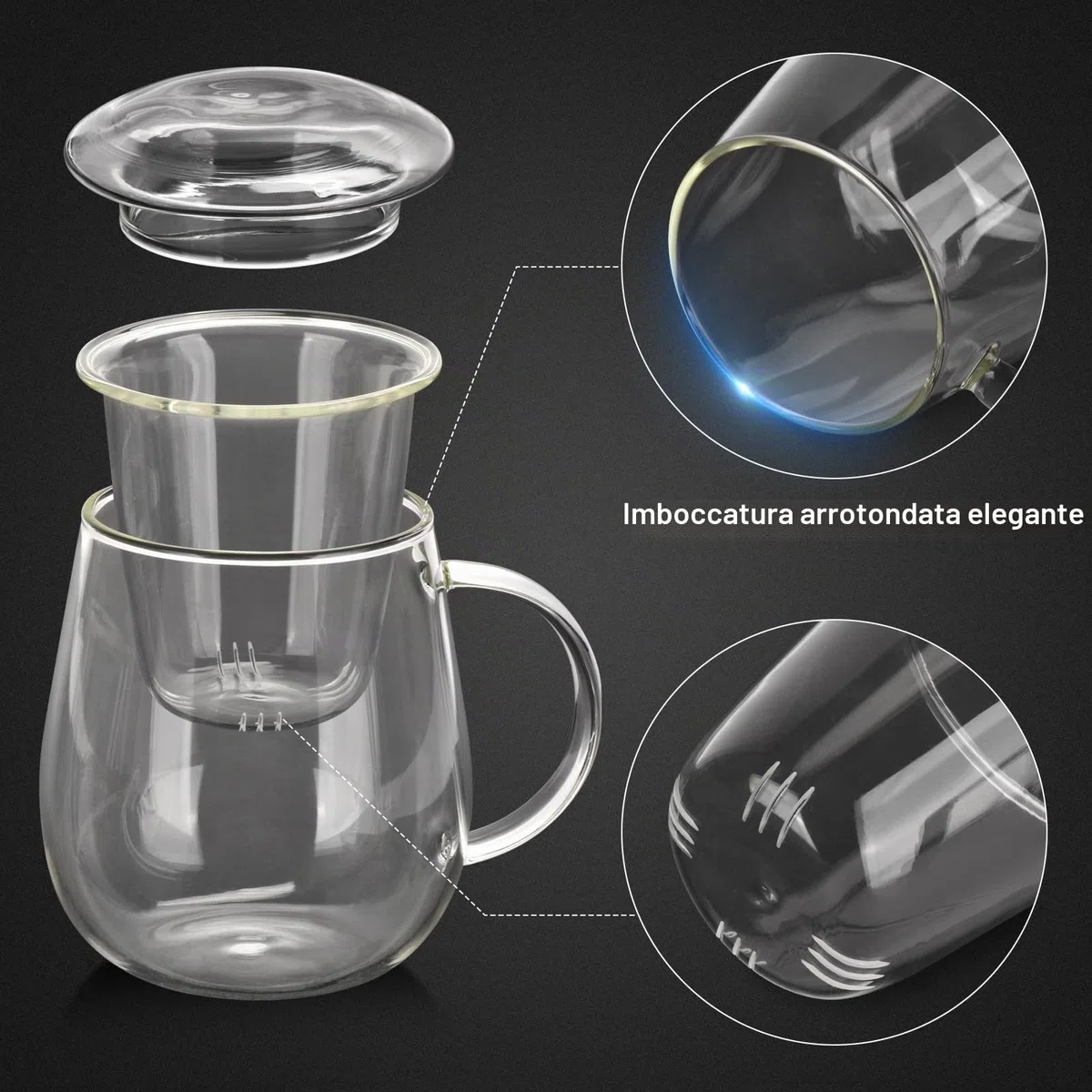 Tazza da tè in vetro da 500 ml, Tazza da tè con filtro e coperchio, tazza da tè in borosilicato adatta per tè nero, bevande, caffè freddo, bustine di tè