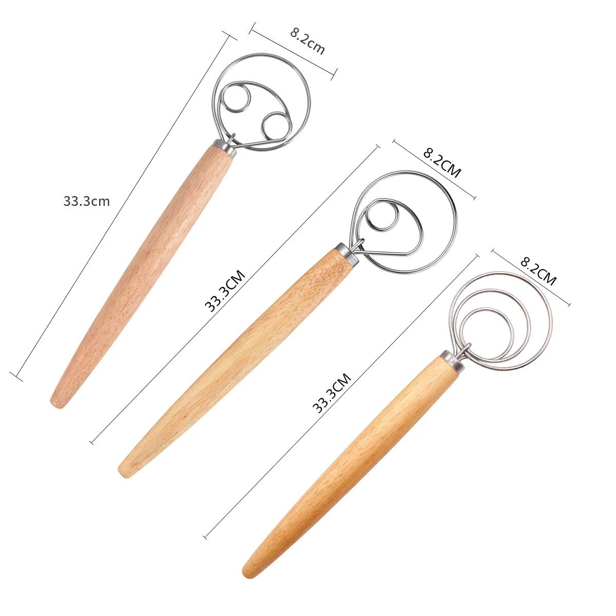 Professional Danish Dough Whisk, DBAILY 3pcs Frusta Pasta Danese Manico in Legno Fruste da Cucina in Acciaio Inox per Cuocere Torte Dessert Acida Pizza Pasticceria