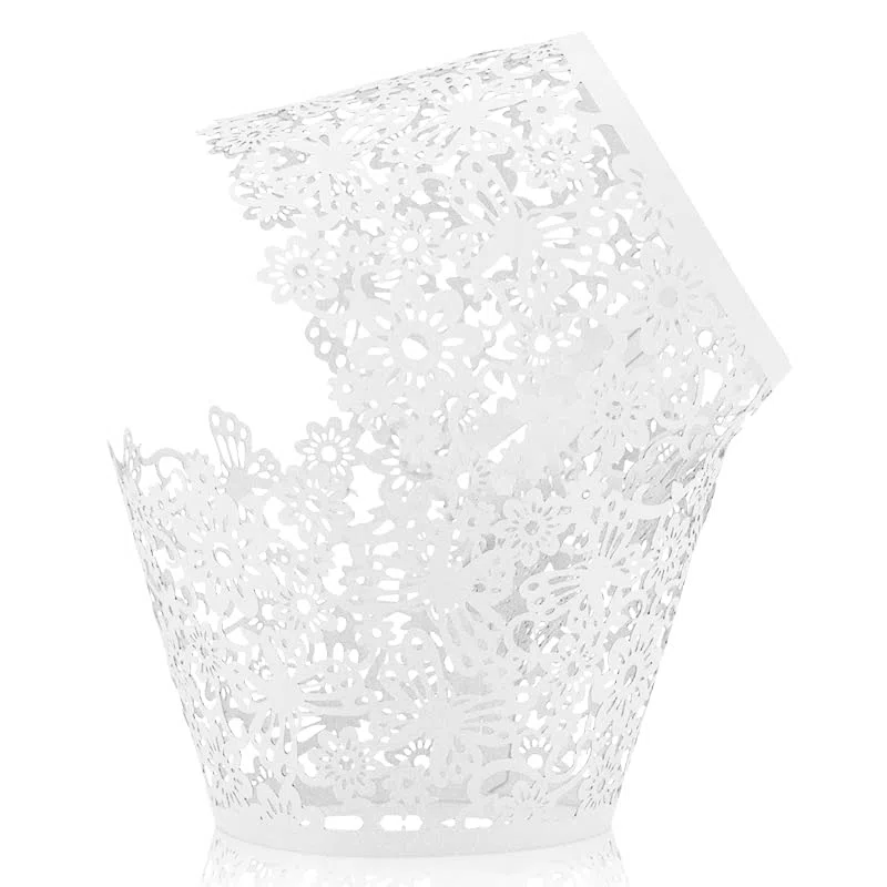 KOSTOO - Confezione da 50 fodere per cupcake in pizzo, tagliate al laser, per cupcake, cupcake, per Natale, matrimoni, feste di compleanno, colore: bianco