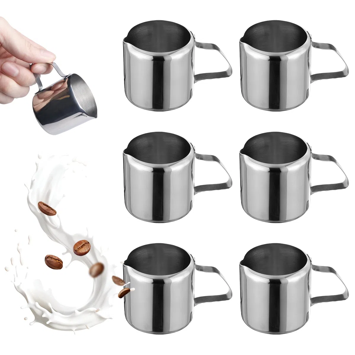 6 bricco per latte in acciaio inox: 30 ml, piccolo caraffa per latte in acciaio inox con manico, 1 oz bricco per la schiuma, cappuccino, latte, espresso