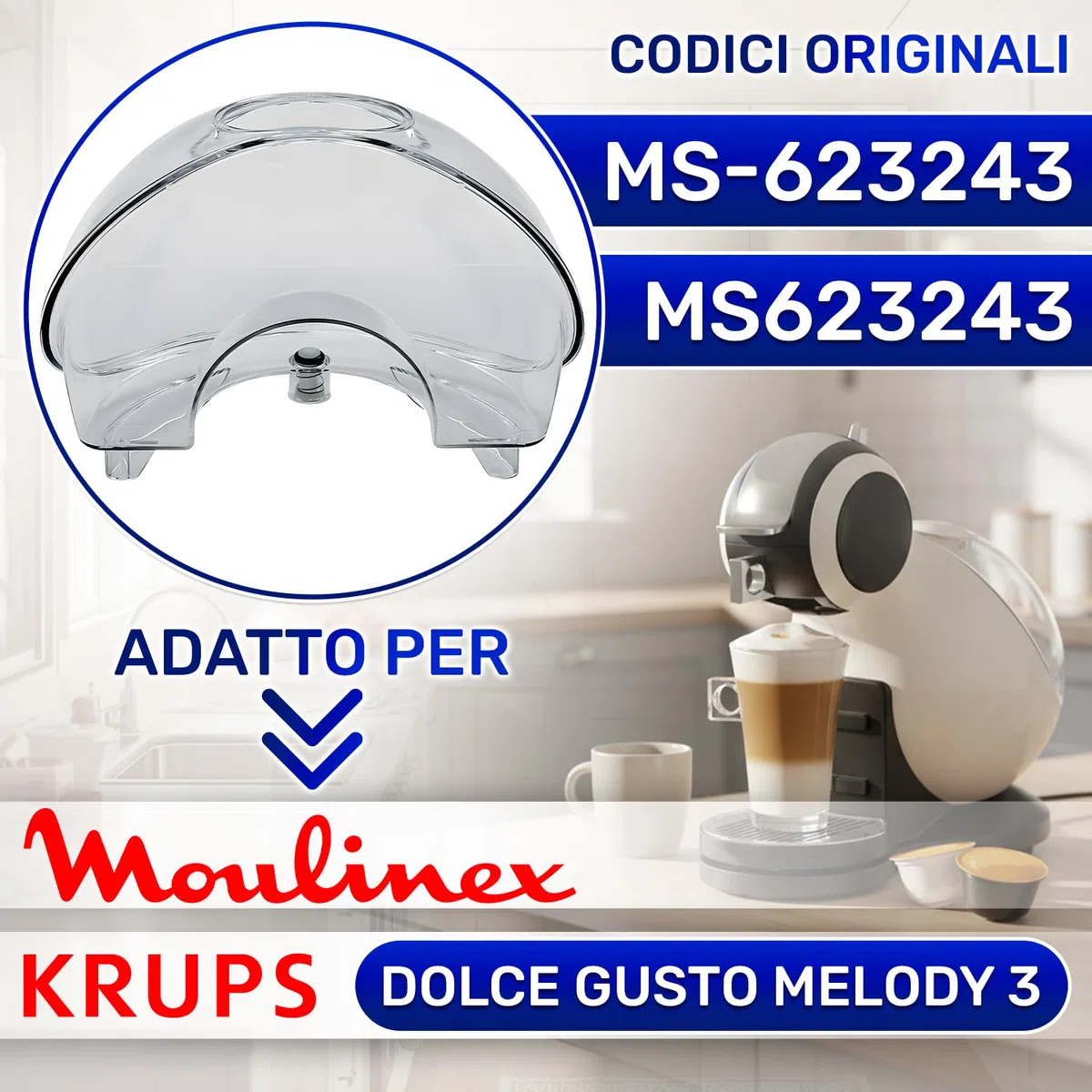 Serbatoio Acqua per Macchina Caffè Cialde 200x130x147 mm con Codice Originale MS-623243 per Krups per Dolce Gusto Melody 3 - Garanzia di 10 Anni - MONTERAL