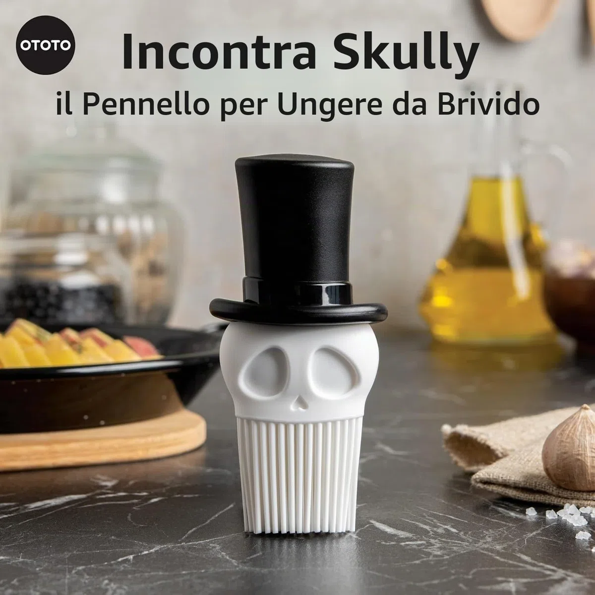 OTOTO Skully - Pennello da pasticceria in silicone, regalo da cucina, regali spettrali, accessori da cucina a forma di teschio, spazzola per cucinare - regalo da cucina, gadget da cucina, regali