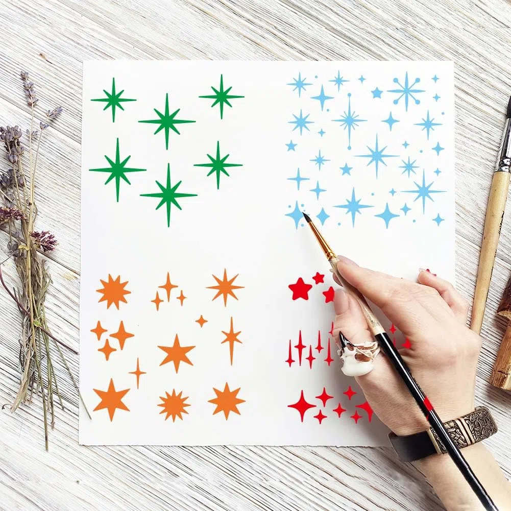 FINGERINSPIRE 6 Pz Stencils per Pittura a Stelle con Pennello, 20x20cm Stencil a Stelle Scintillanti Riutilizzabili Modello per Disegno Stencil In PET per Pittura Murale, Legno, Tela, Tessuto