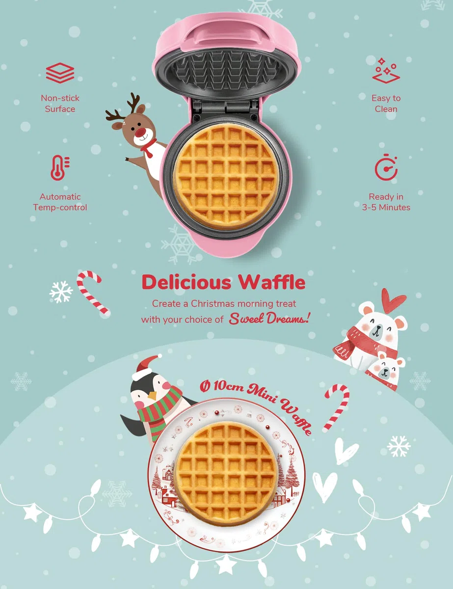 Bestron Piastra per Waffle in Edizione Natalizia, Edizione Limitata, Macchina per Waffle con Rivestimento Antiaderente, per Natale, Feste o come Regalo, Dimensione Waffle 10 cm, Colore: Rosa opaco