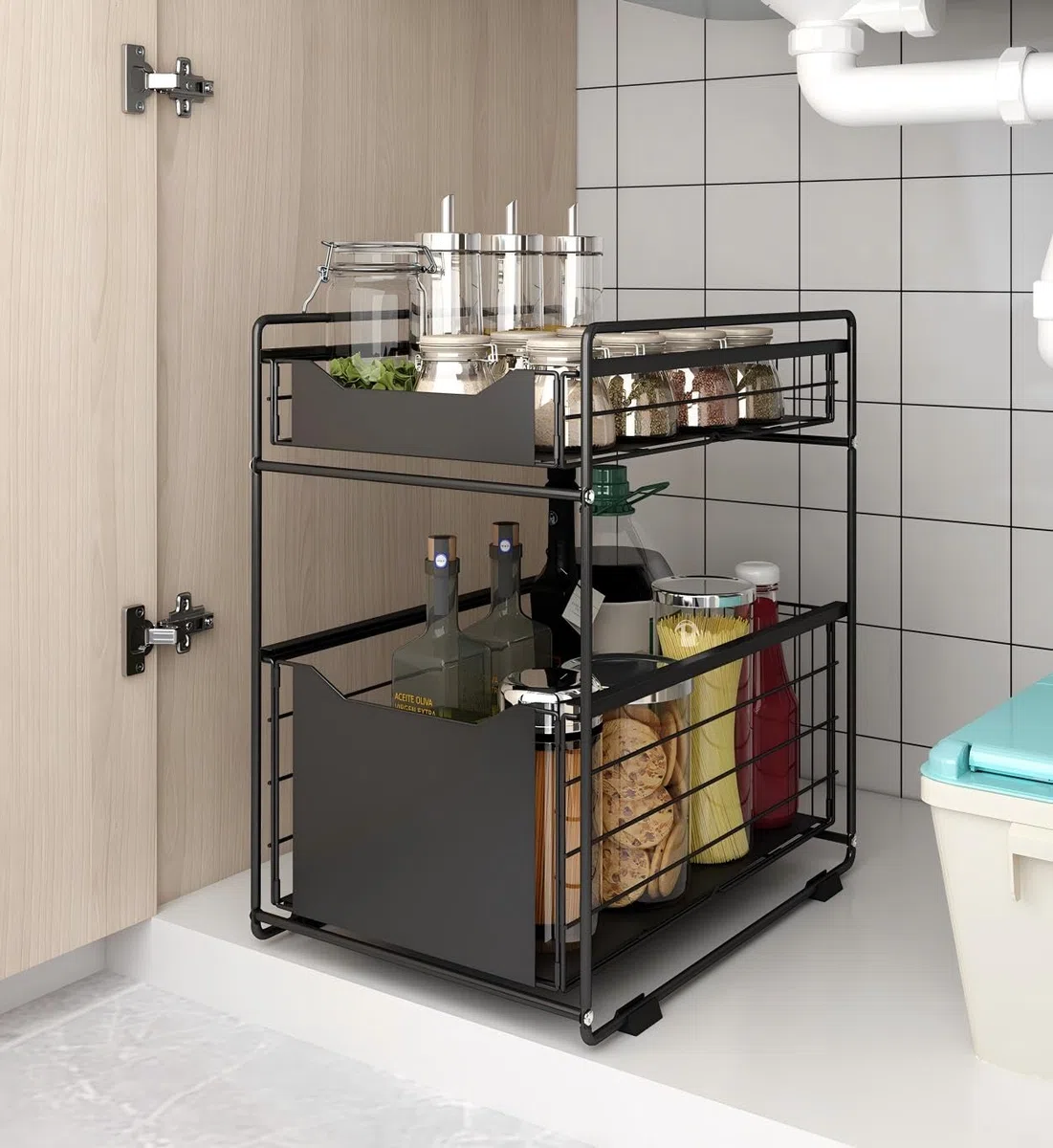 Organizzatore a 2 Ripiani con Cassetto Portaoggetti Sotto il Lavandino Scorrevole Cestino Estraibile Portaspezie Organizer per Snack per Cucina Bagno Camera da Letto-Nero