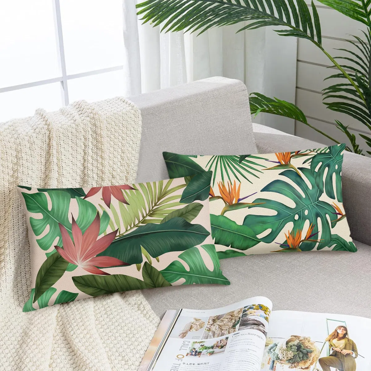 Bonhause Federe per Cuscini Foglie Tropicali 30 x 50 cm Copricuscini Decorativi Pianta Foglia Verde Federa per Cuscino Divano Letto Casa Decorazione Set di 2