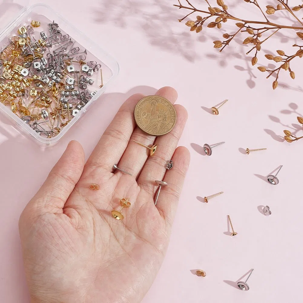1 scatola Da 140 pezzi Da 4/6/8mm In Acciaio Inossidabile per Orecchini Perni per Orecchini Vuoti con Base Semicircolare In Oro e Argento per La Creazione di Gioielli Fai Da Te Artigianato Do