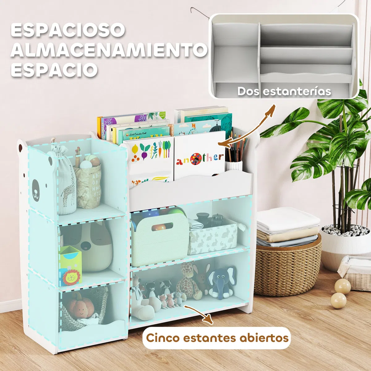 AIYAPLAY Scaffale per giocattoli per bambini con ripiani aperti, scomparti, design con orsacchiotti, organizer per giocattoli per camera da letto, sala giochi, asilo nido, bianco