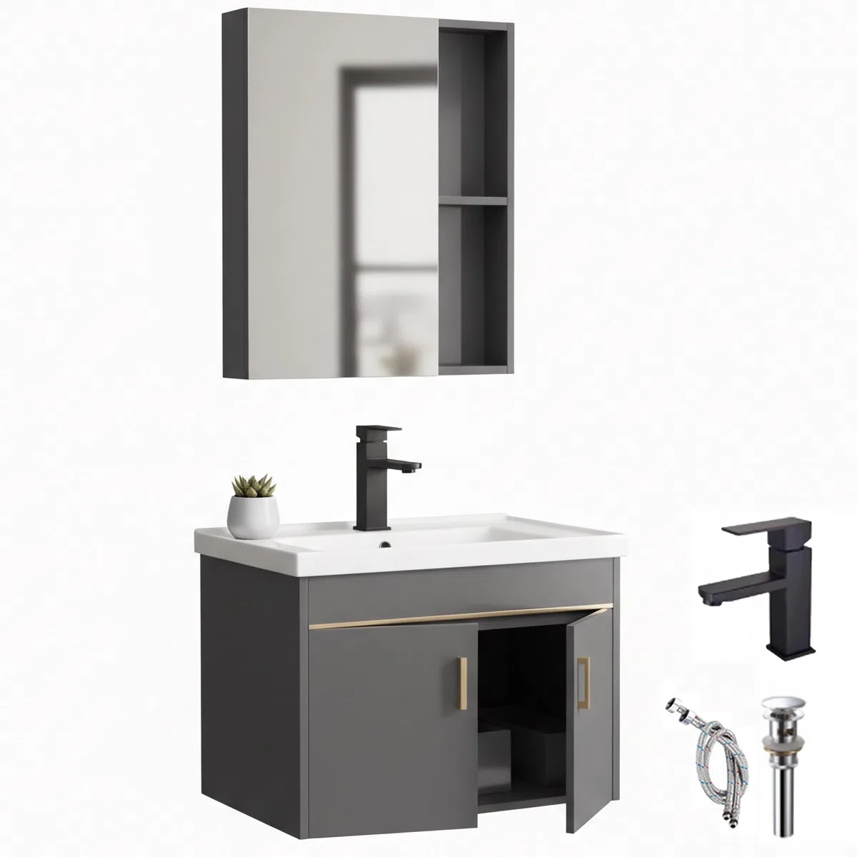 Set di mobili da bagno 60cm con lavabo e armadietto a specchio, mobiletto sottolavabo a parete in legno di pino, lavabo in ceramica con rubinetto e scarico, set di mobili da bagno per bagno (grigio