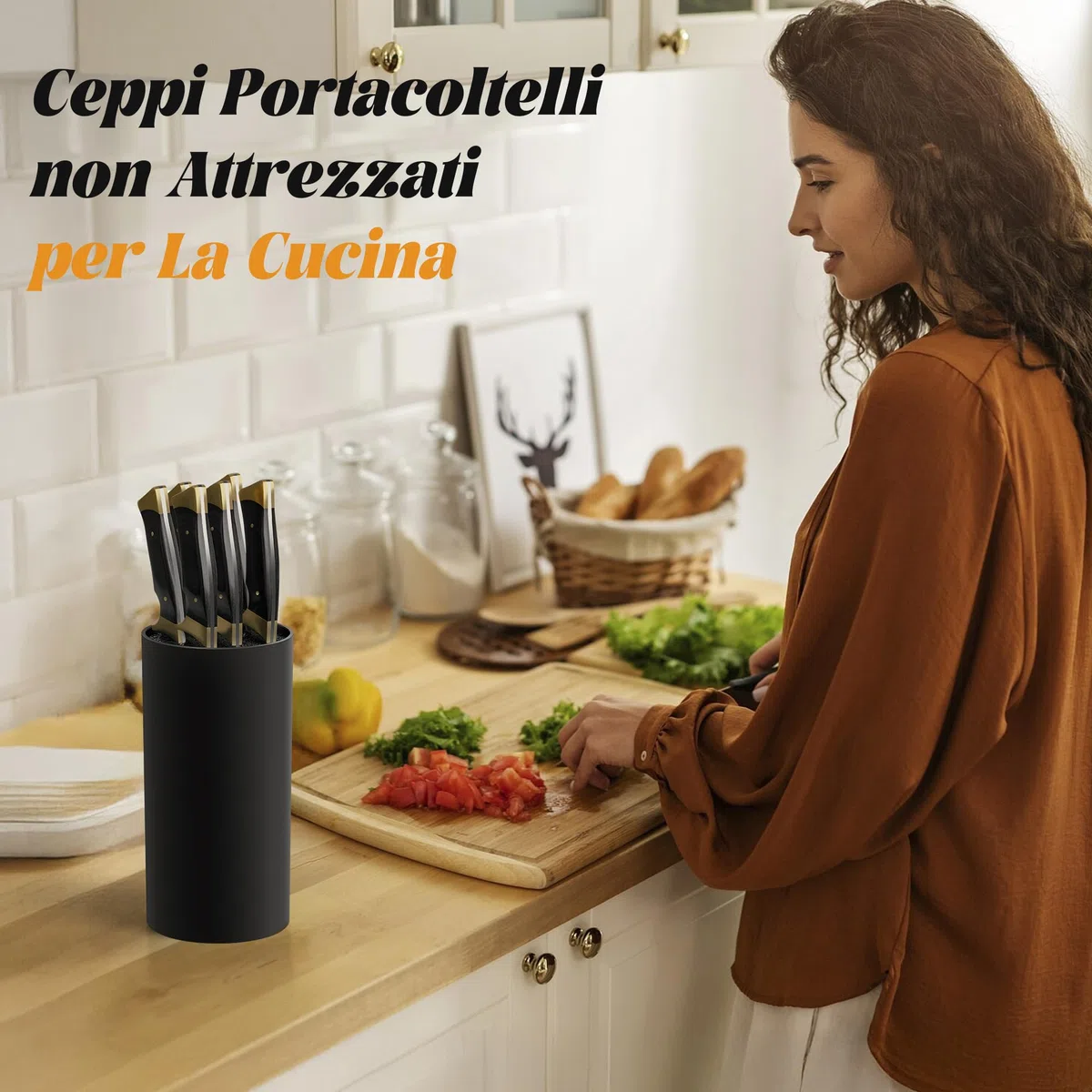 Ceppo Portacoltelli senza Coltello - Ceppo Portacoltelli non Attrezzato - Ceppo per Coltelli Nero con Lamelle Flessibili - Porta Coltelli da Cucina con Cassetto Portacoltelli