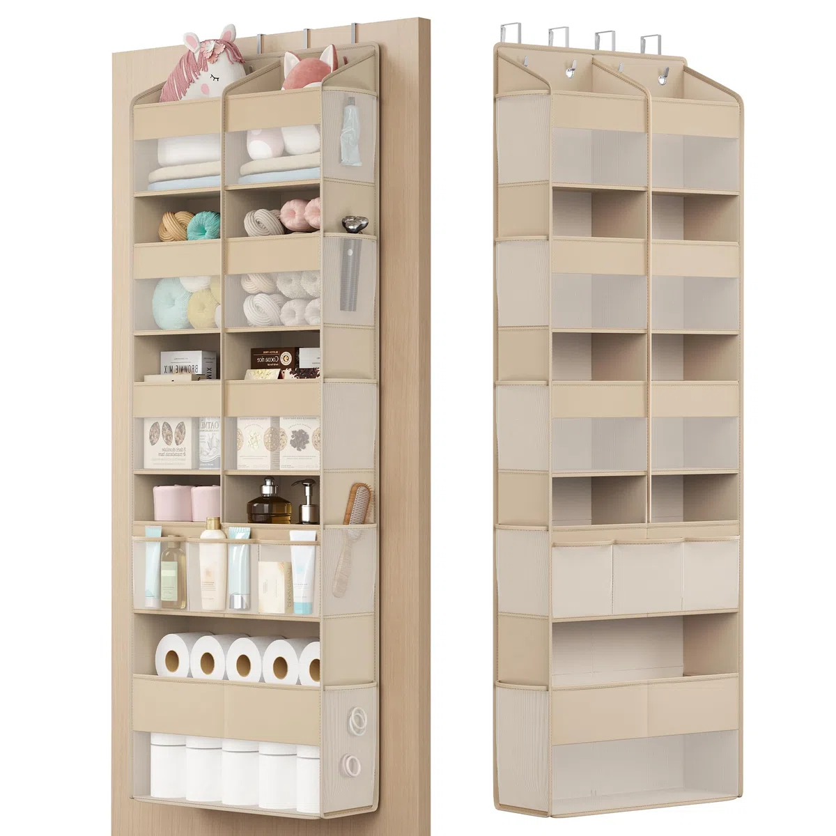 SONGMICS Organizer da Porta, 9 Scomparti, Portaoggetti da Appendere Pieghevole, 4 Ganci in Metallo, Trasparente, Beige Sabbia RDH009LF01