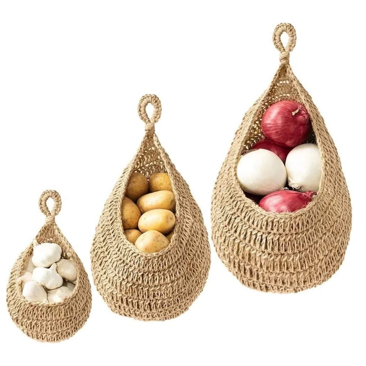 Cestini di Frutta da Appendere (Set di 3), Cestini da Appendere in Iuta, Cestini Portaoggetti da Appendere Intrecciati a Mano per Cucina Domestica Cesto Portaoggetti da Parete Frutta Verdura Snack