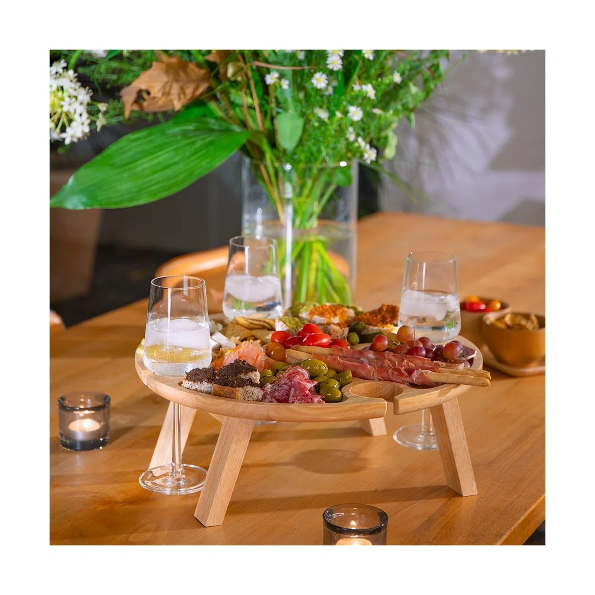 Livoo – Vassoio aperitivo MES150 – Heva, ∅ 35 x 14 cm, 4 tacche per vetro, gambe pieghevoli