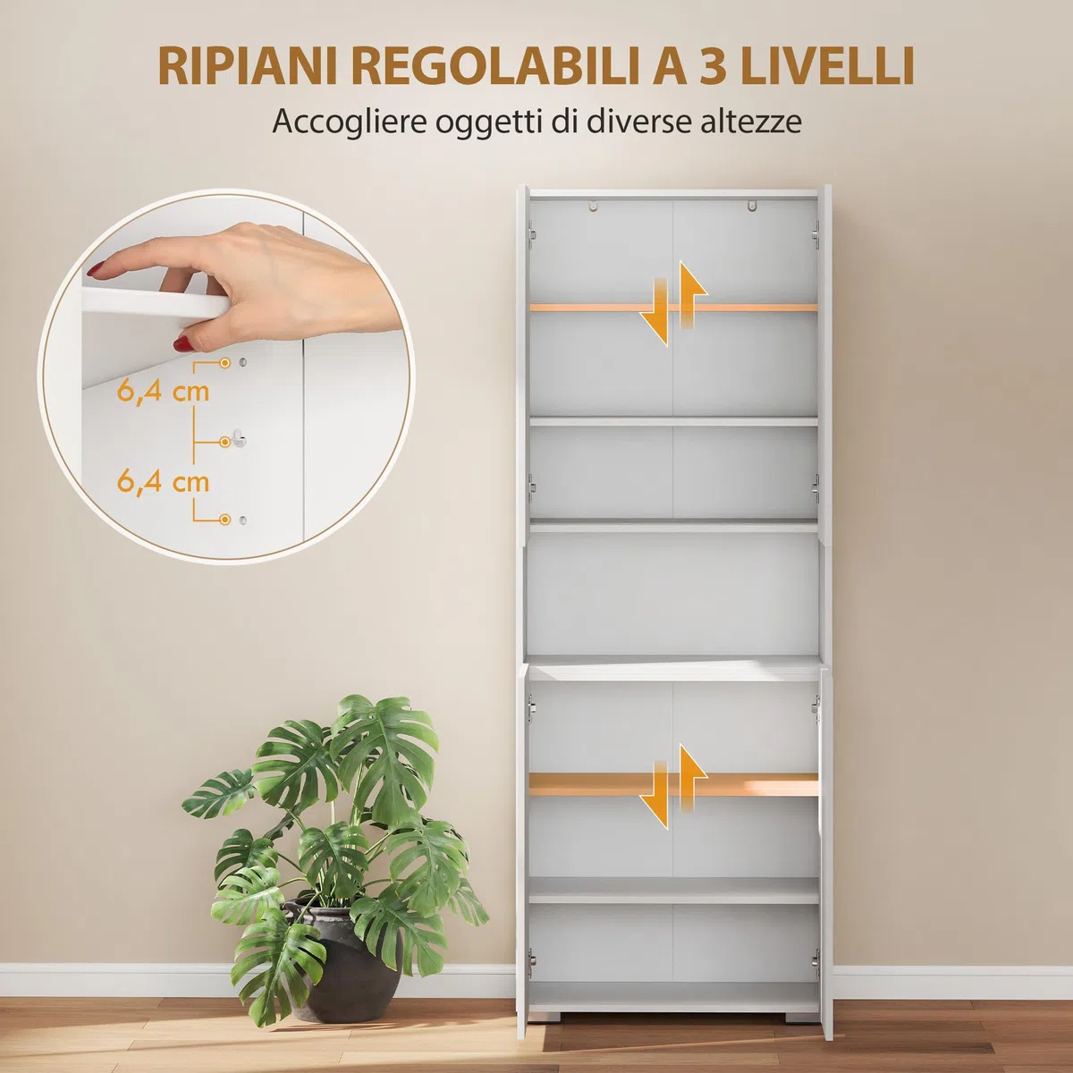 HOMCOM Credenza Cucina Alta 180 cm, Mobile Dispensa con 4 Ante Soft-Close, Ripiani Regolabili, Scomparto Aperto, 2 Armadietti, Mobile Cucina Moderno per Sala da Pranzo Soggiorno, Bianco Lucido