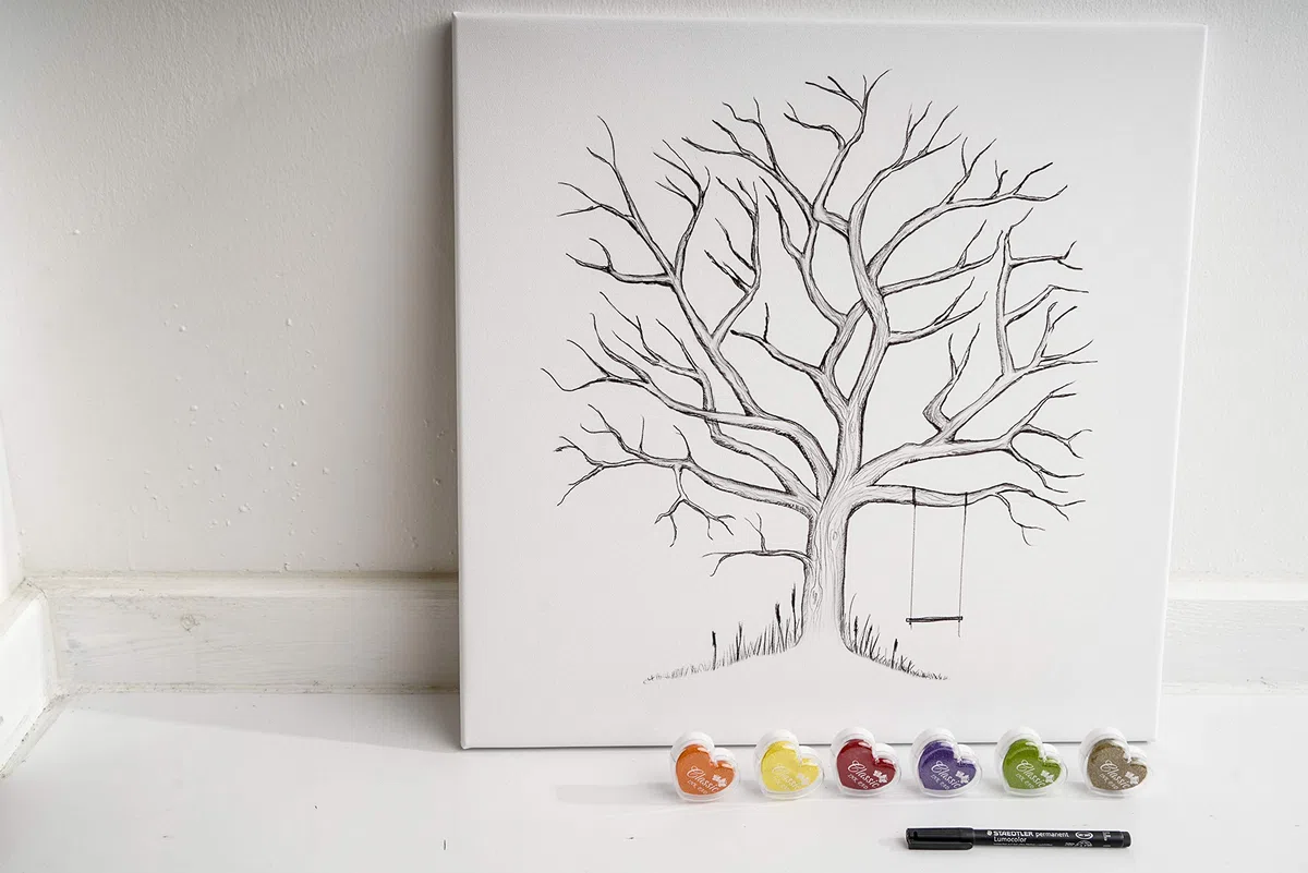 codicarts. Tela per matrimonio, anniversario, festa di famiglia, libro degli ospiti incl. timbro per impronte digitali e penna – Motivo albero con altalena – 50 x 50 cm, Made in Germany