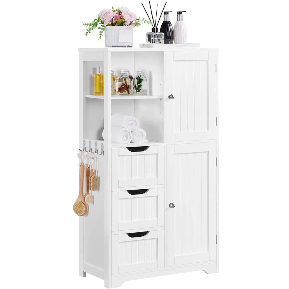Yaheetech Mobile da Bagno Bianco Mobiletto da Terra con 3 Cassetti e Armadietto Mobile con Ganci Portaoggetti Armadietto Moderno 60 x 30 x 107 cm