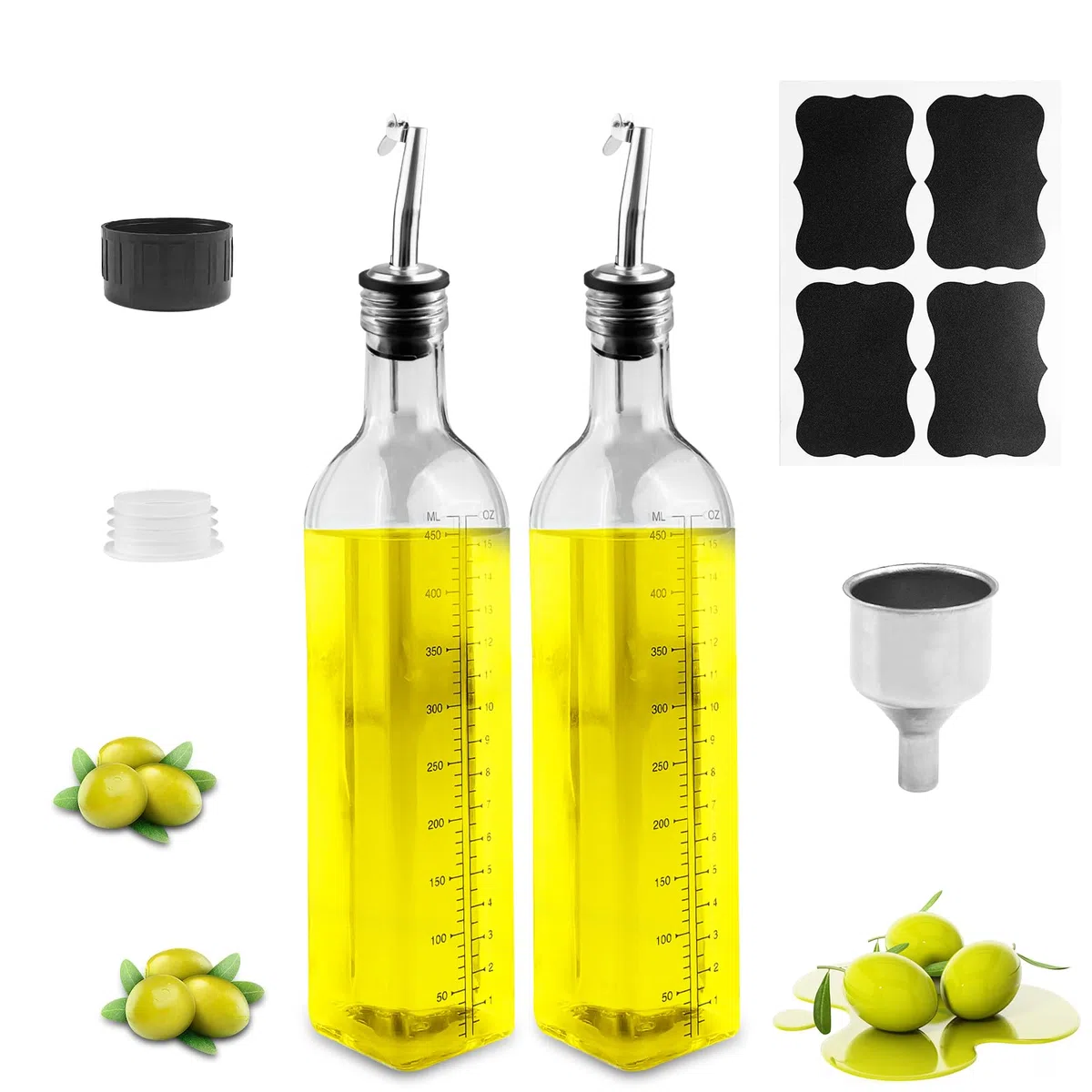 Gvolatee 2PCS oliera salvagoccia 500ml, dispenser olio d'Oliva e Aceto con beccuccio, Imbuto in Acciaio Inossidabile, etichette, dosatore Trasparente bottiglie vetro per Cucina, BBQ, insalate