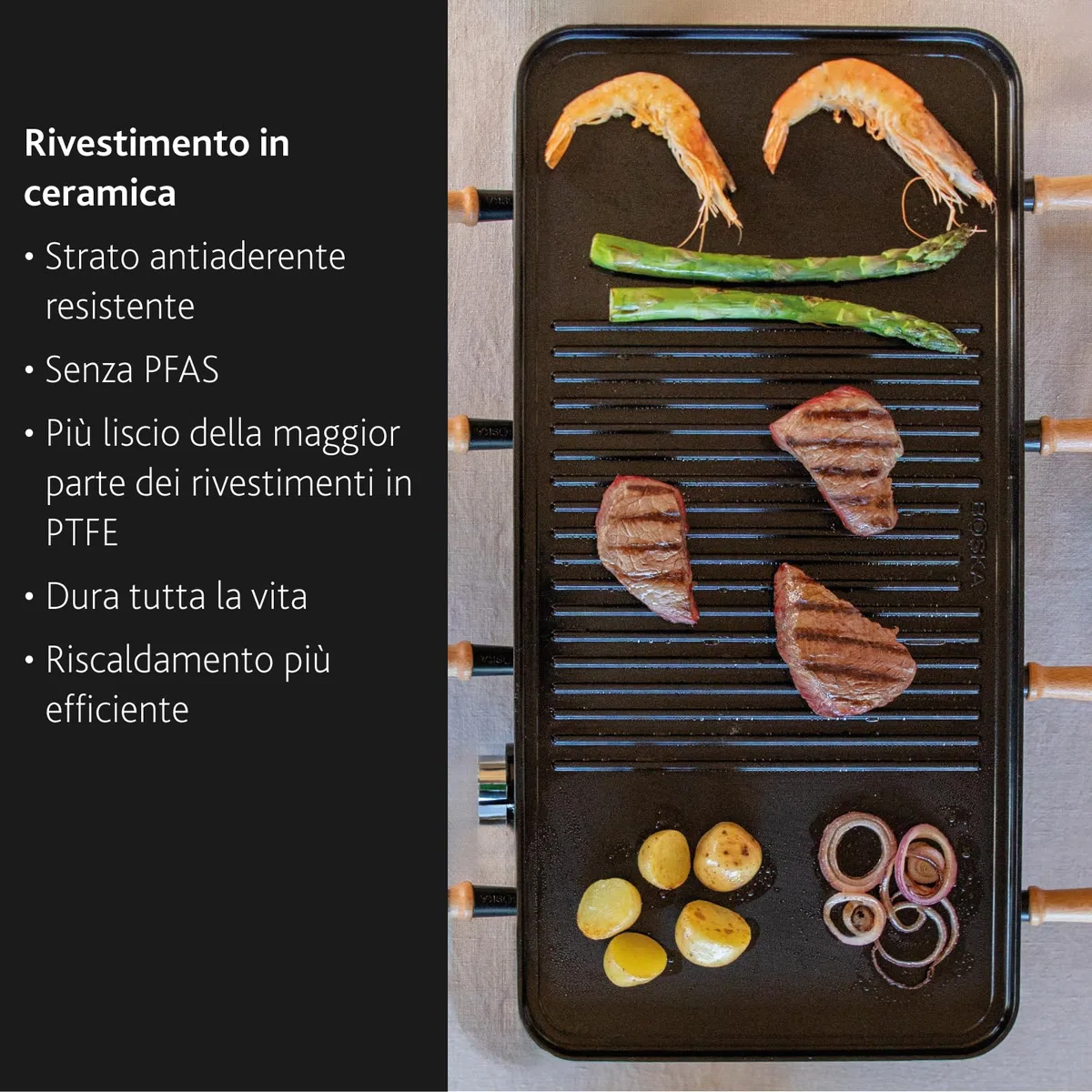 Boska Raclette Party – Griglia da tavolo per 8 persone – Senza PFAS – Piastra in ceramica – Manici in legno di faggio – Piastra in alluminio reversibile – Nero