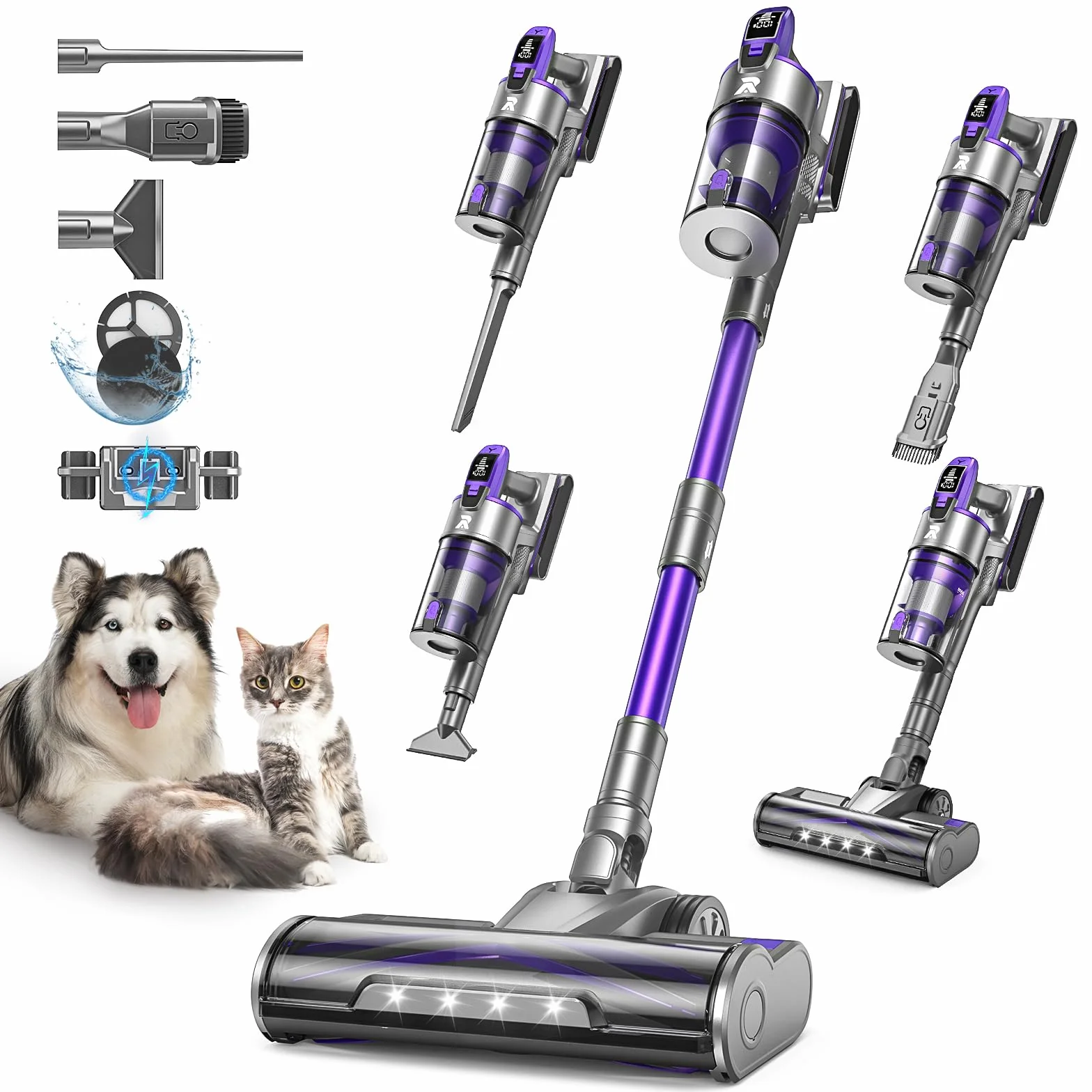 Redkey X18 Aspirapolvere Senza Fili 60Kpa/650W/80Min, 8-in-1 Scopa Eletrica Verticale Antiarovialio con Display LED, Automatica Intelligente Della Potenza di Aspirazione, per Animali/Pavimenti/Tappeti
