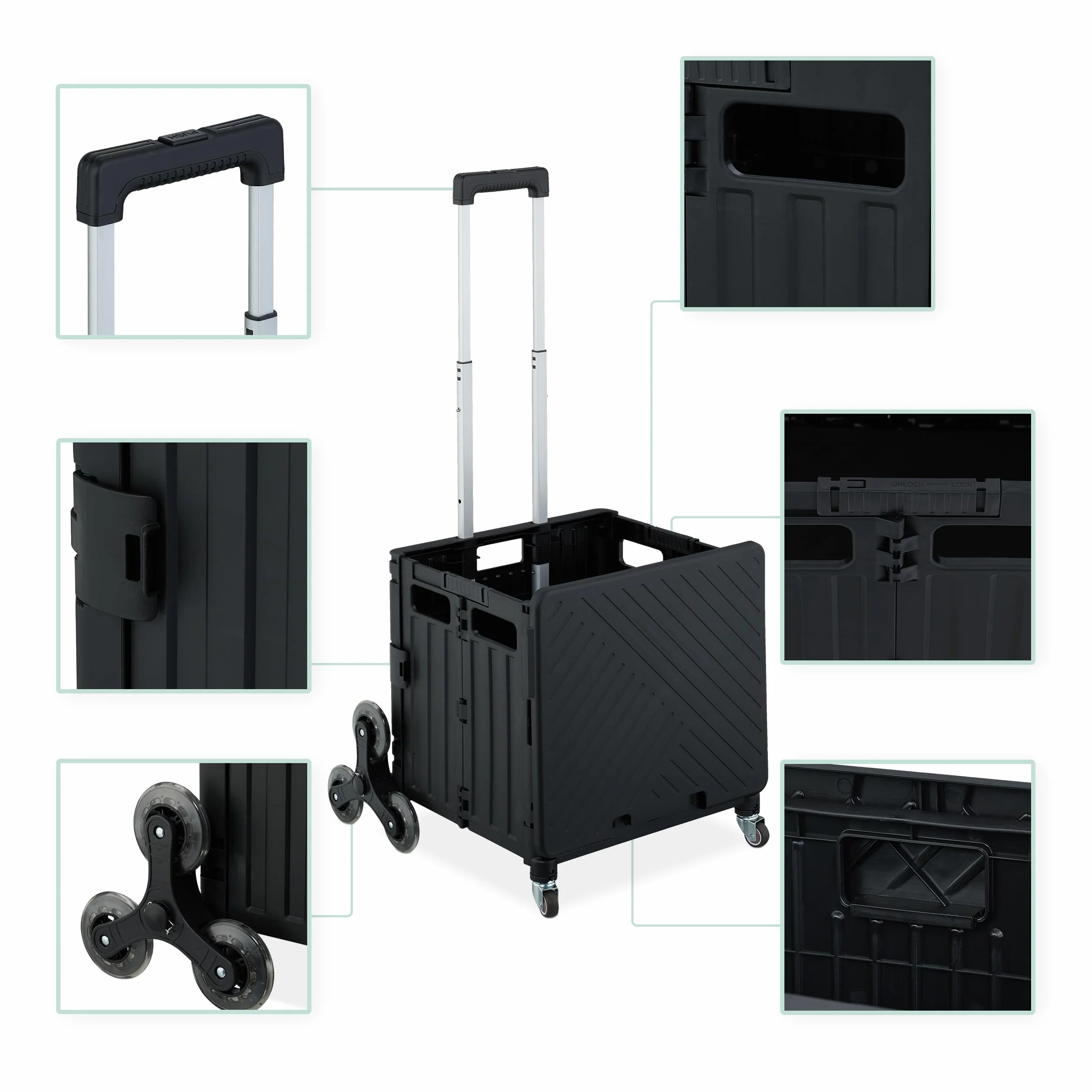Relaxdays Carrello per Spesa Montascale, 35 kg Carico, Manico e Coperchio, Carrellino Trolley Portaspesa Saliscale, Nero