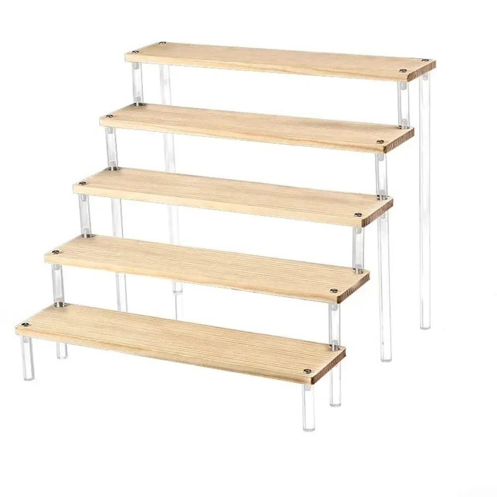 Espositore a scala in legno con ripiani in acrilico per organizzare cosmetici, cancelleria e oggetti da collezione (4 strati 30 cm)