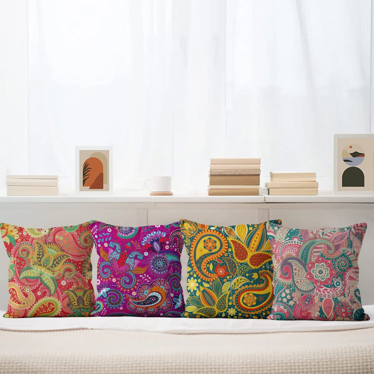 Lot de 4 housses de coussin bohème 40x40 cm, boho floral rouge jaune violet décoration de canapé housse de coussin lavable en polyester d'ameublement housse de coussin
