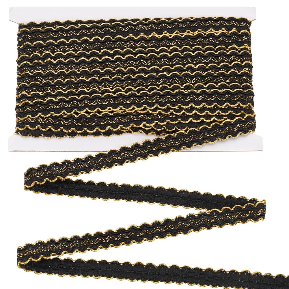 FINGERINSPIRE 13 Iarda Bordo Treccia Tessuto Treccia Bordo Oro 14mm Nero Metallizzato Treccia Onda S Cucito Poliestere Artigianato Bordo Treccia per Fodera per Tende Accessori per Costumi Fai Da Te